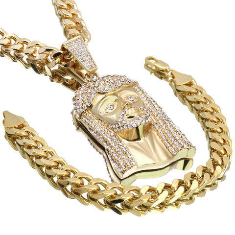 Jesus Peace Face Pendant Set – 10mm Miami Cuban Chain & Bracelet (Gold)