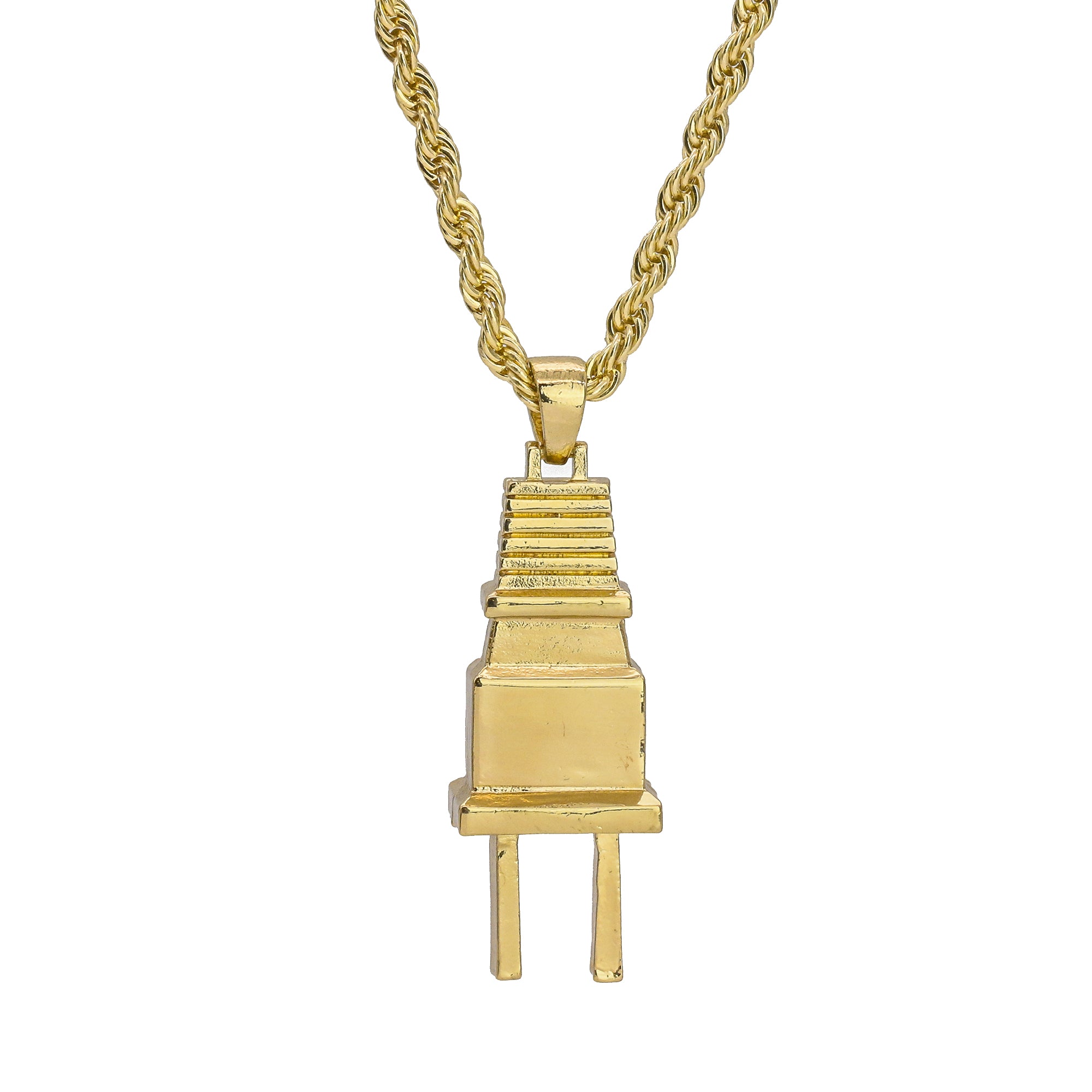 Plain Thick Plug Pendant 24" Rope Chain Hip Hop Style 18k Gold Plated