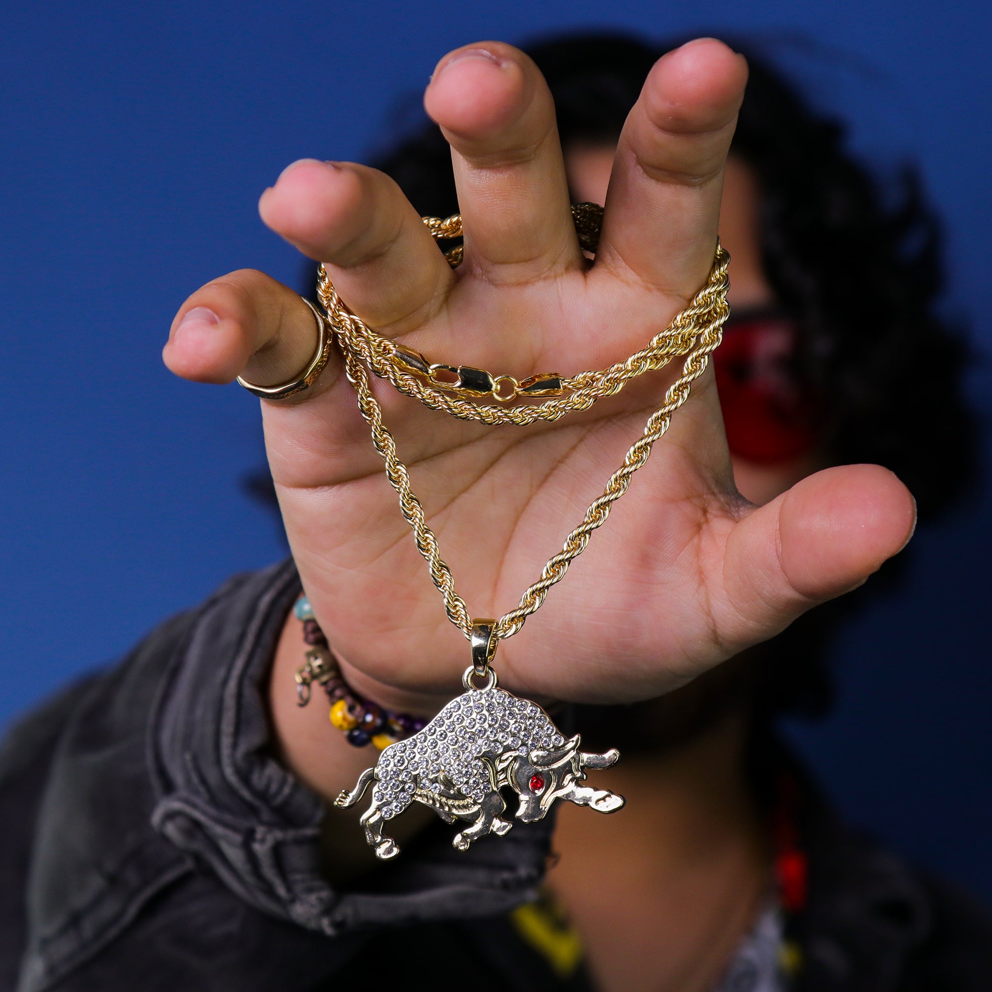 Red Eye Cz Bull Pendant 24" Rope Chain Hip Hop 18k Jewelry