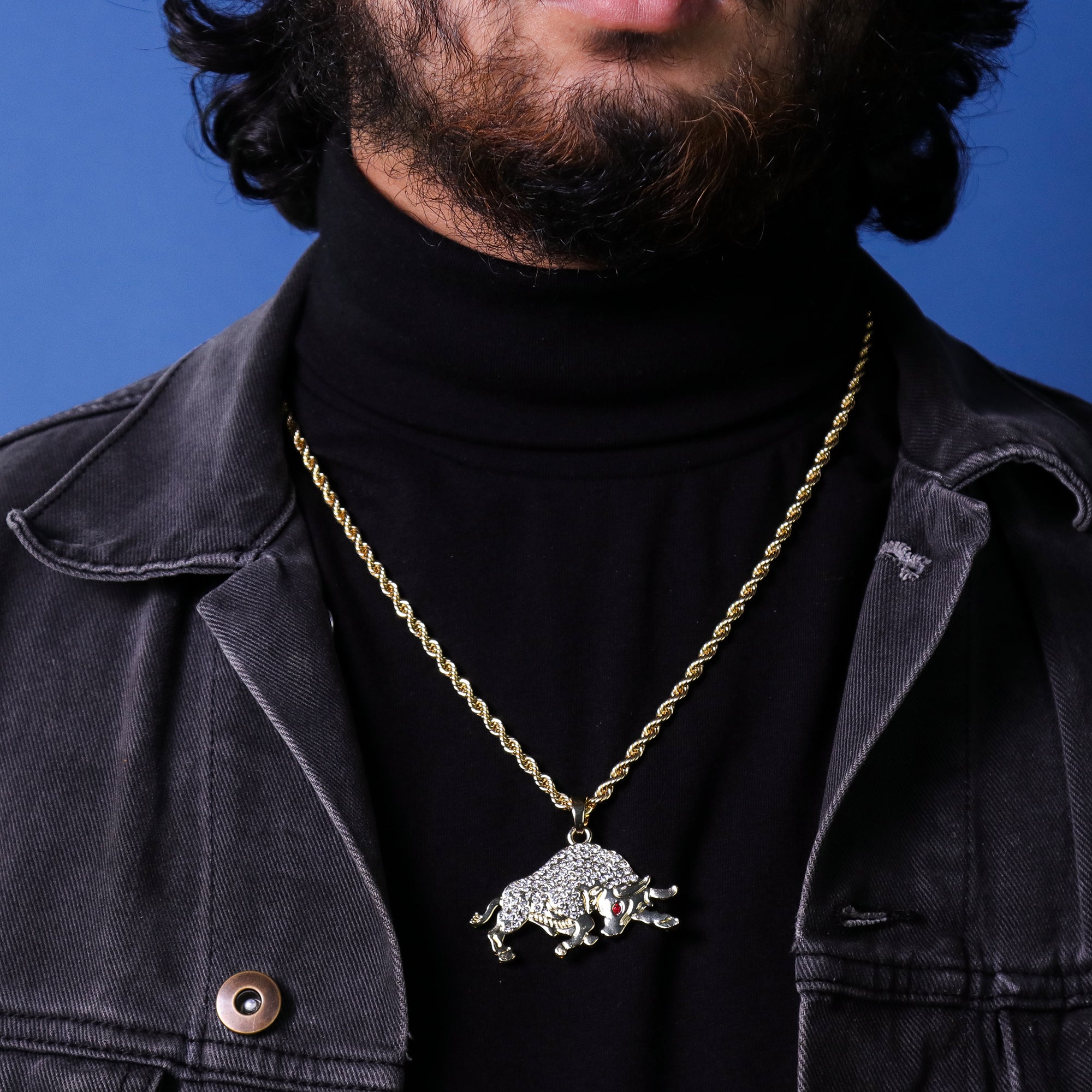 Red Eye Cz Bull Pendant 24" Rope Chain Hip Hop 18k Jewelry