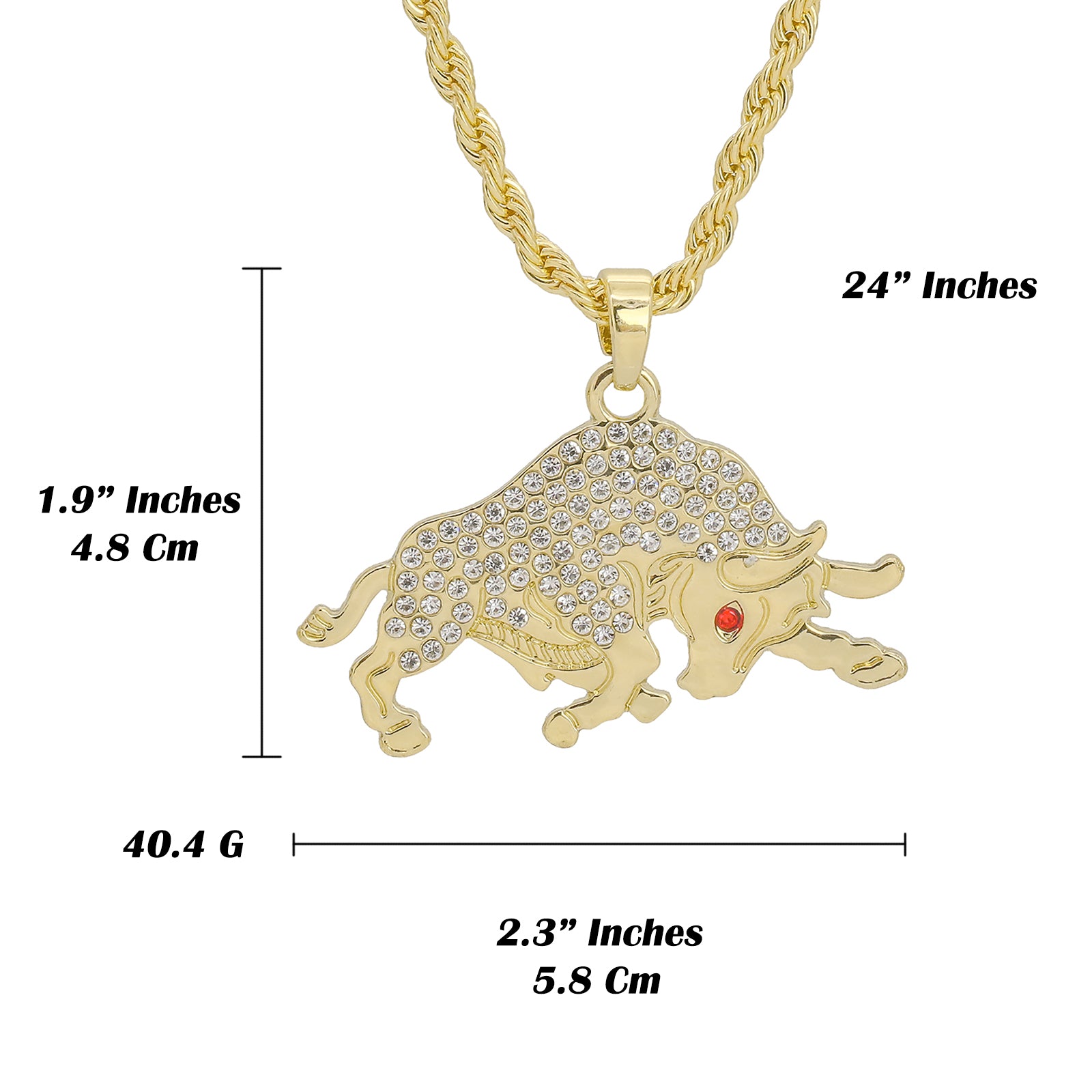 Red Eye Cz Bull Pendant 24" Rope Chain Hip Hop 18k Jewelry