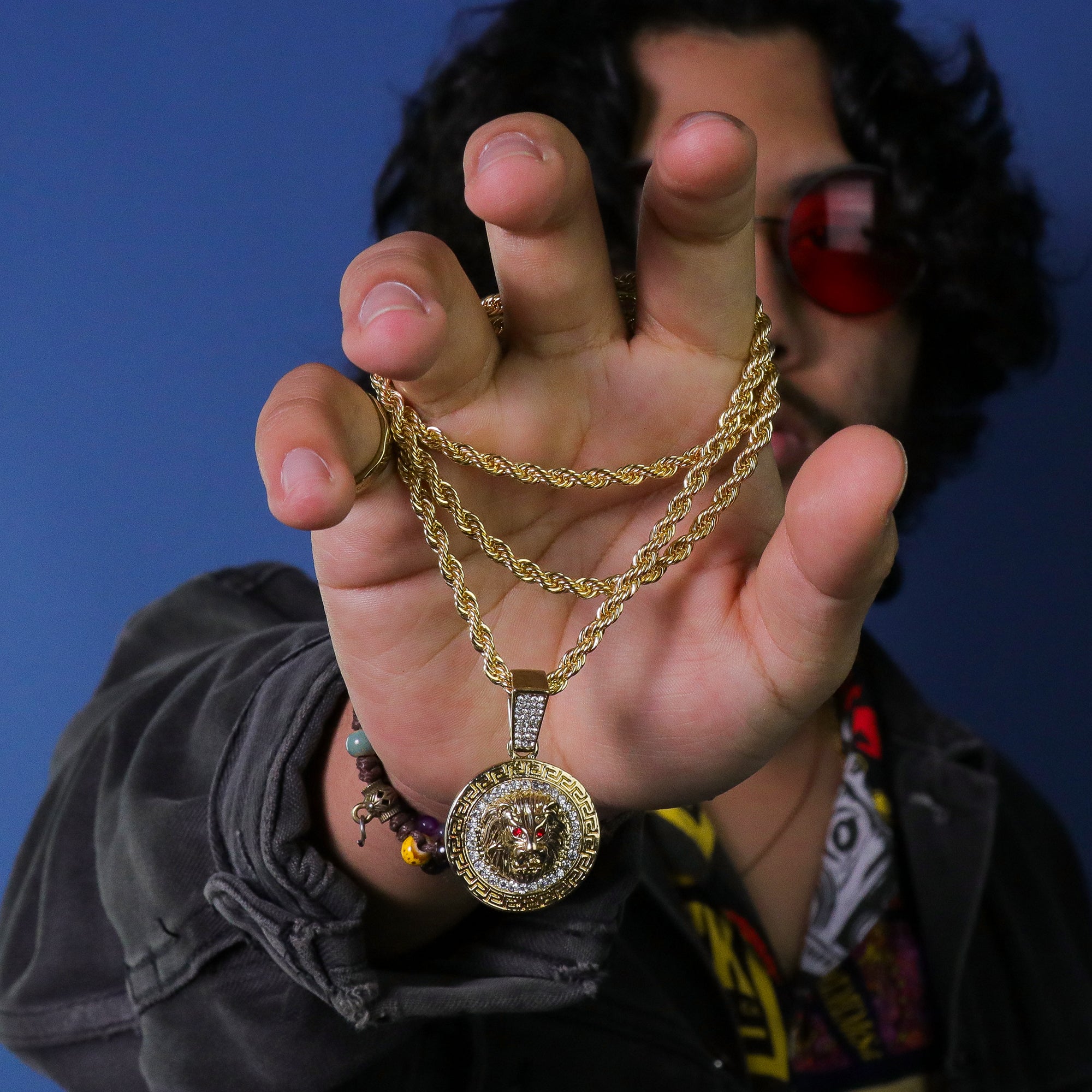 Red eye Lion Face Coin Pendant 24" Rope Chain Hip Hop 18k Jewelry