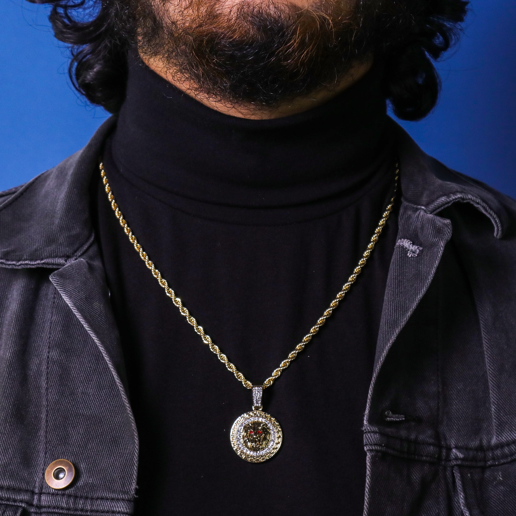 Red eye Lion Face Coin Pendant 24" Rope Chain Hip Hop 18k Jewelry