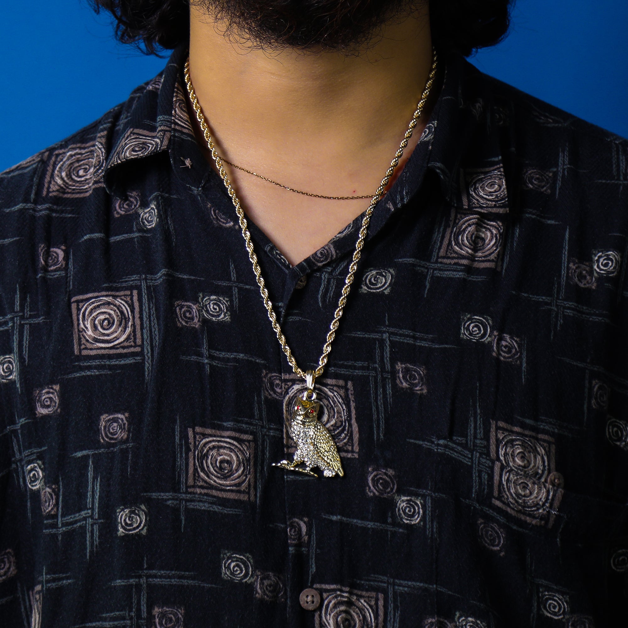 Red Eye Owl Pendant 24" Rope Chain Hip Hop Style 18k Gold Plated Necklace