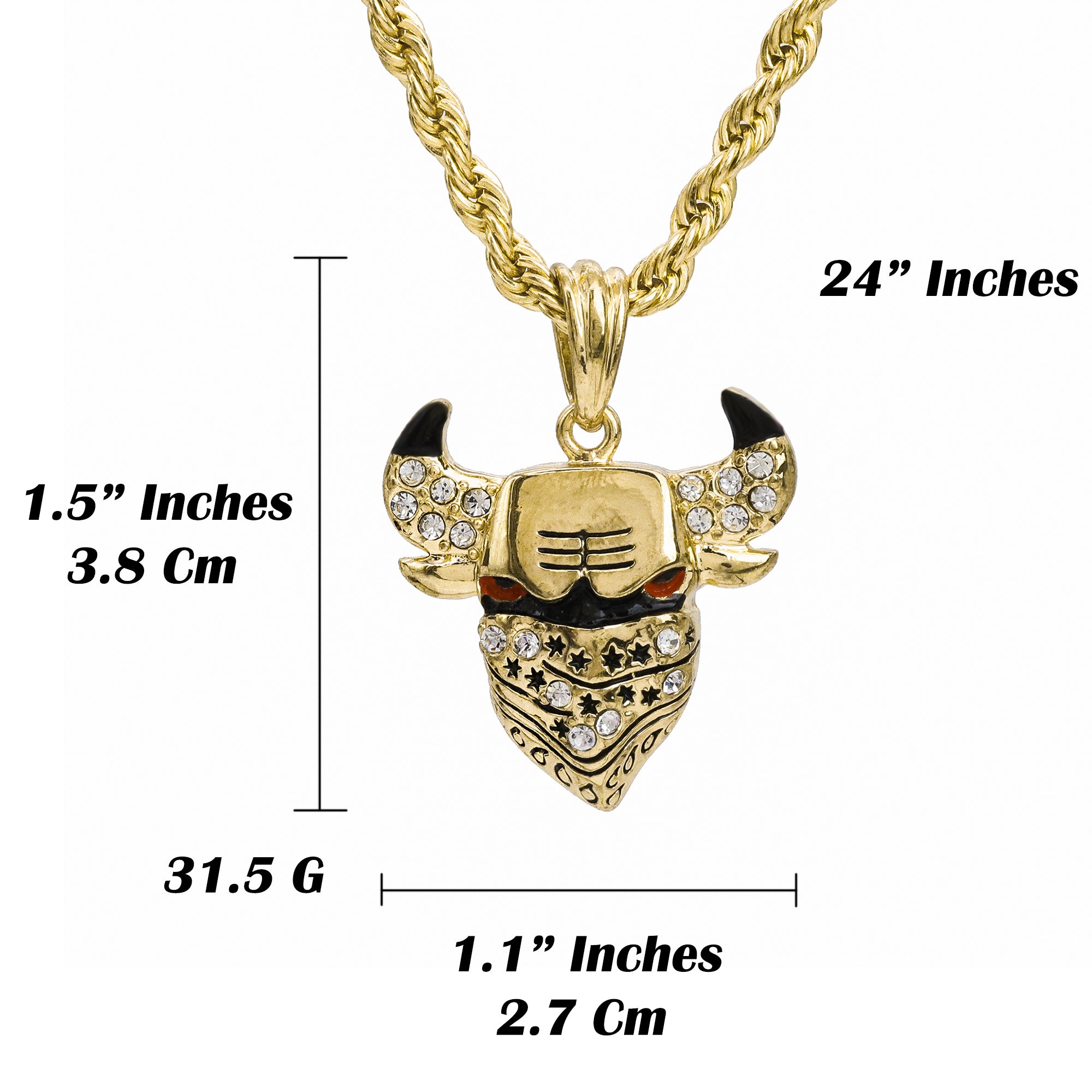 Red Eye Masked Bull Pendant 18K 24" Rope Chain Hip Hop Jewelry