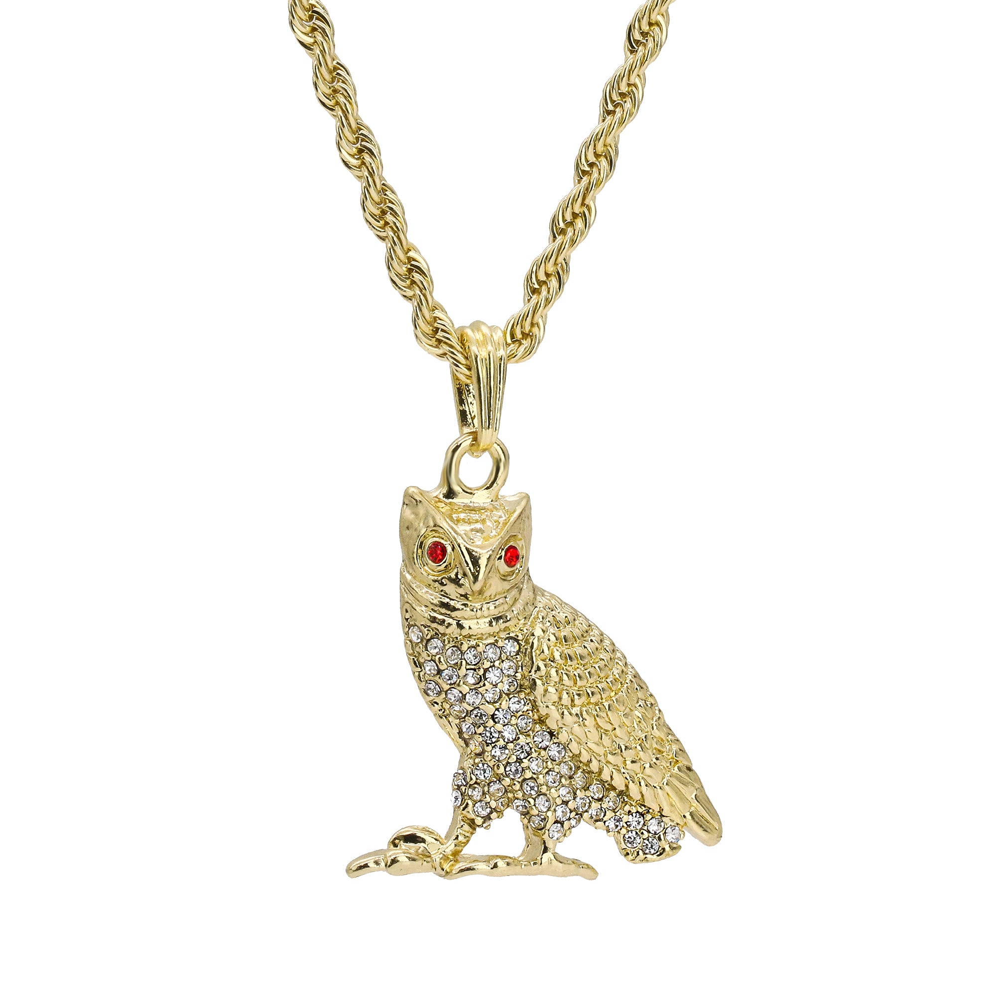 Red Eye Owl Pendant 24" Rope Chain Hip Hop Style 18k Gold Plated Necklace