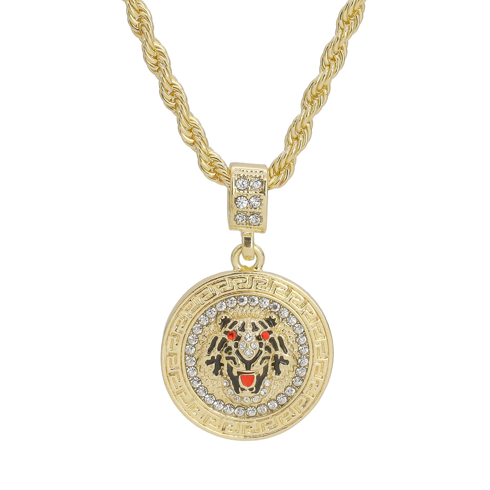 Red Eye Tiger Face Coin Pendant 24" Rope Chain Hip Hop 18k Jewelry