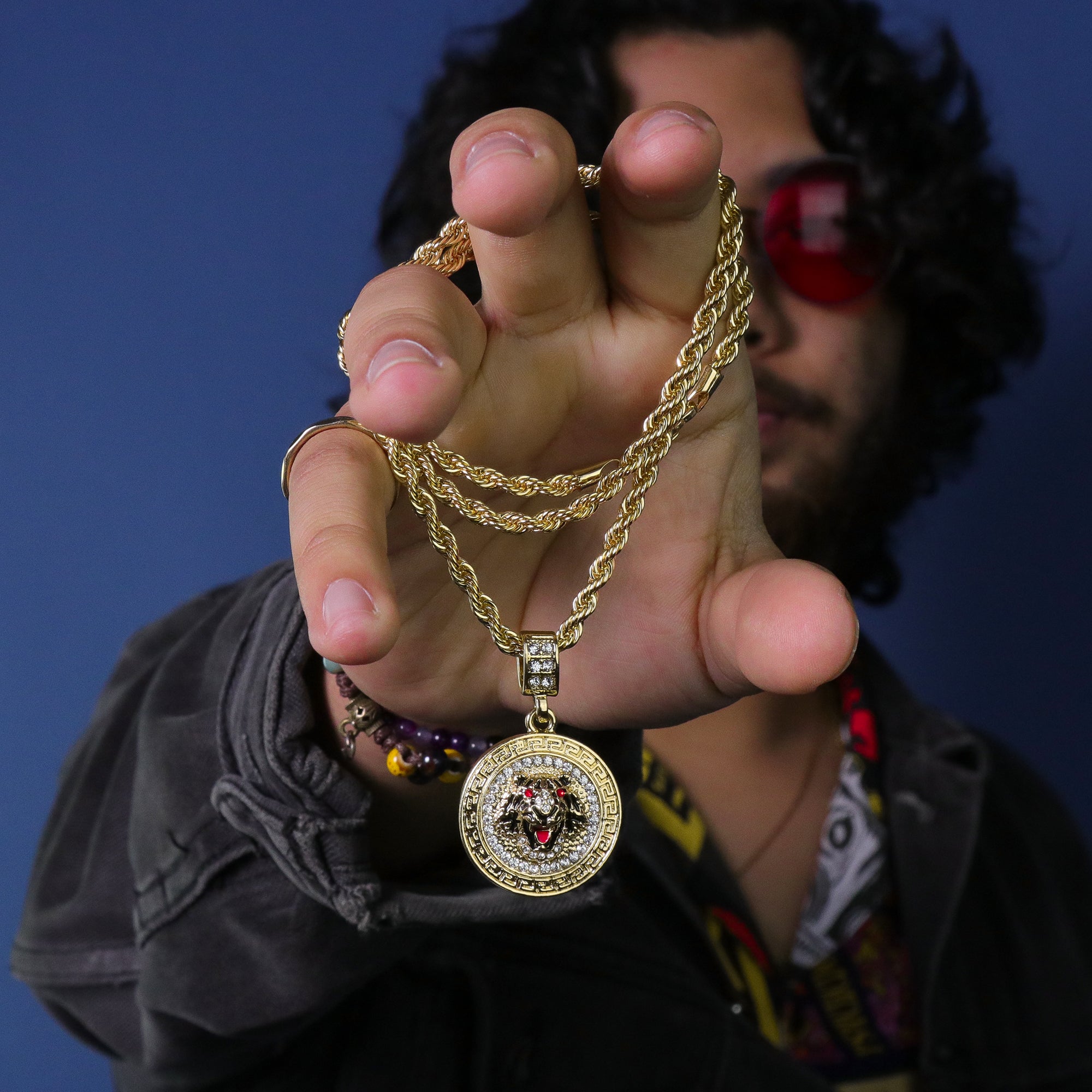 Red Eye Tiger Face Coin Pendant 24" Rope Chain Hip Hop 18k Jewelry