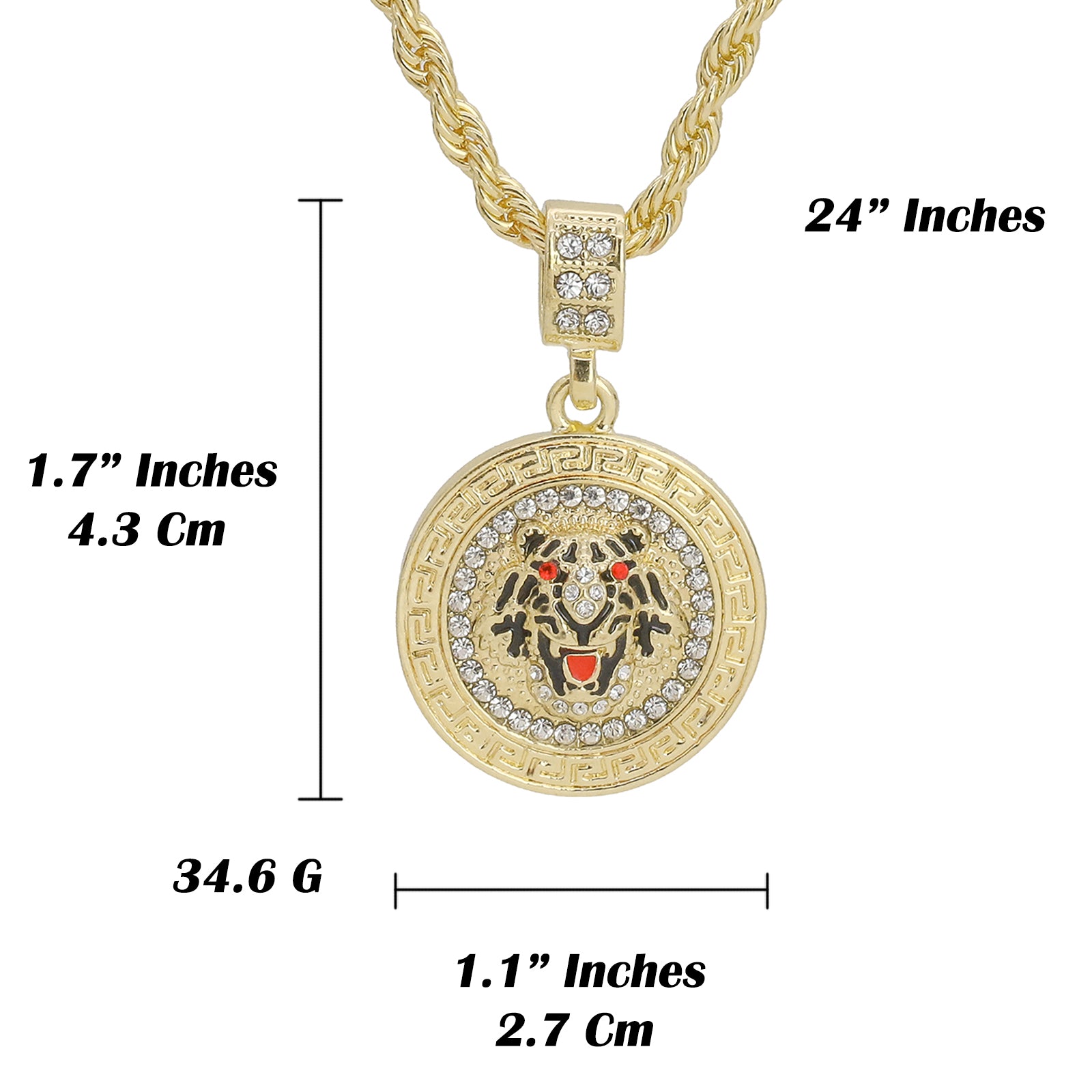 Red Eye Tiger Face Coin Pendant 24" Rope Chain Hip Hop 18k Jewelry