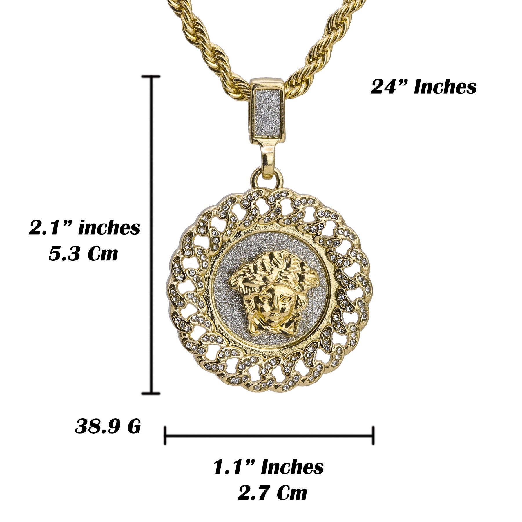Cz Round Medusa Pendant 24" Rope Chain Hip Hop Style 18k Gold Plated