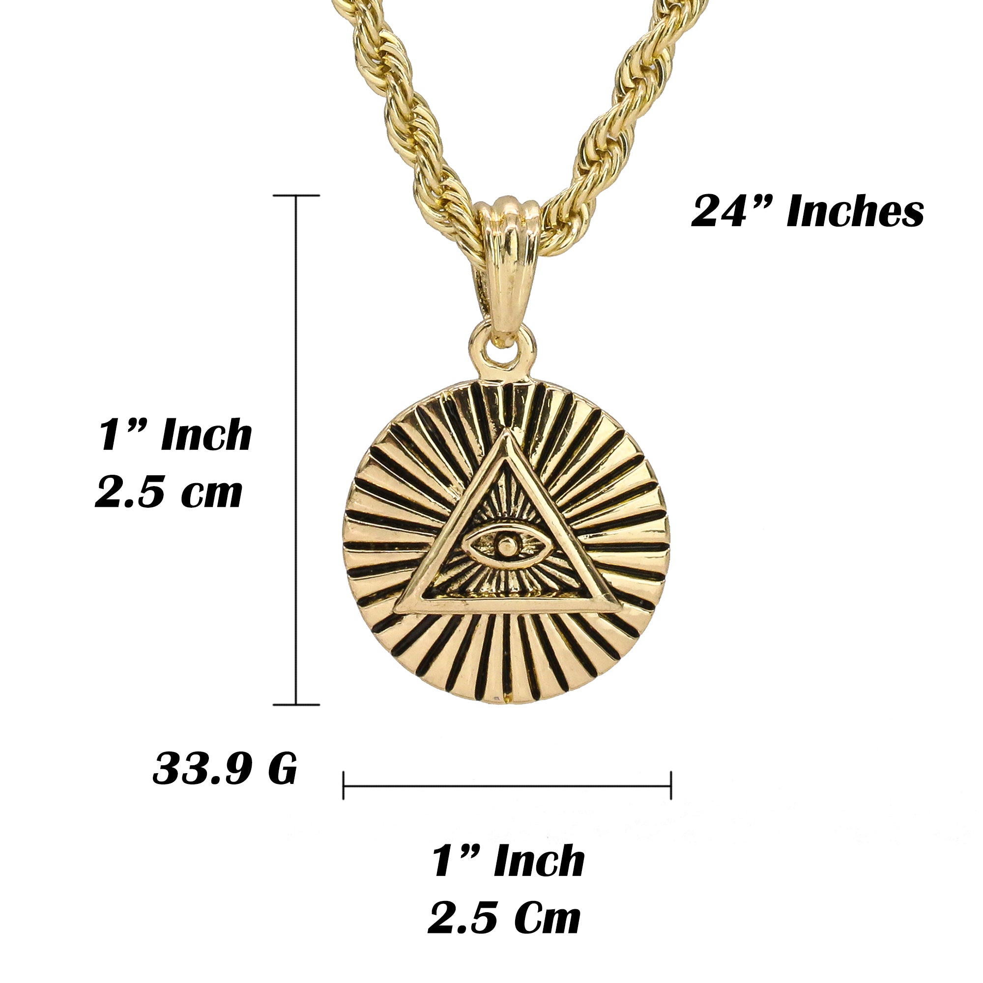 Round All Seeing Eye Pendant 18K 24" Rope Chain Hip Hop Jewelry