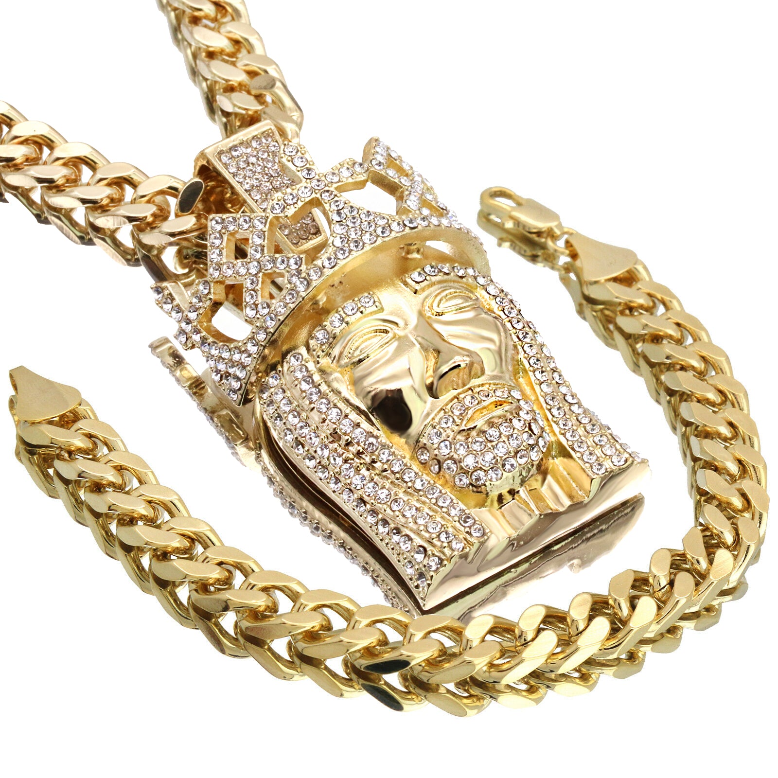Gold Cross Jesus Pendant Necklace – 10mm Miami Cuban Link Chain (30")