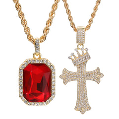 Gold Plated Red Stone & Crown Sharp Cross Pendant Cubic-Zirconia Rope Chain