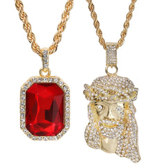 Gold Plated Red Stone & Crowned Bearded Jesus Pendant Cubic-Zirconia Rope Chain