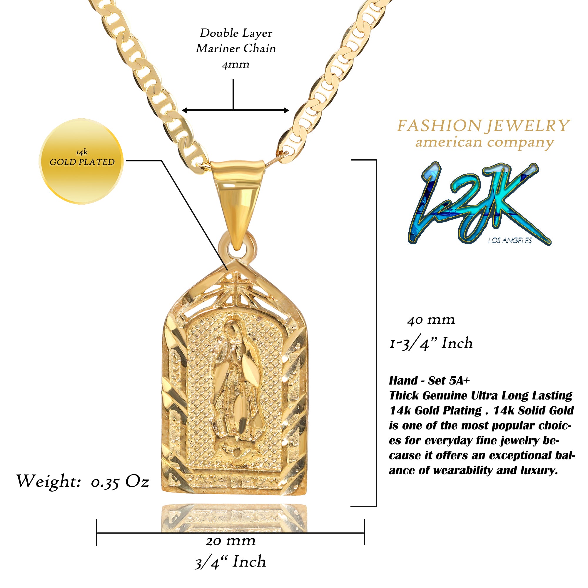 Temple Virgin Mary Pendant Mariner Chain 20" Gold Plated