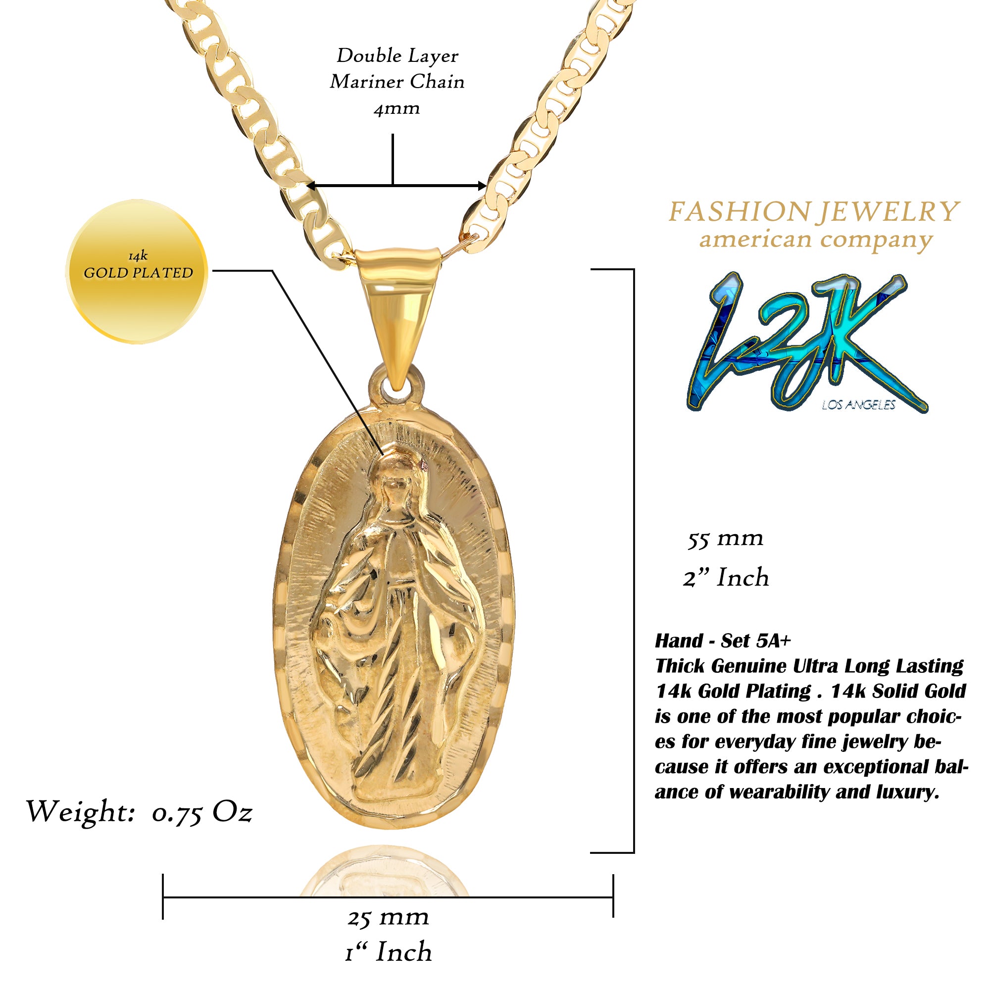 Oval Virgin Mary Pendant Mariner Chain 20" Gold Plated