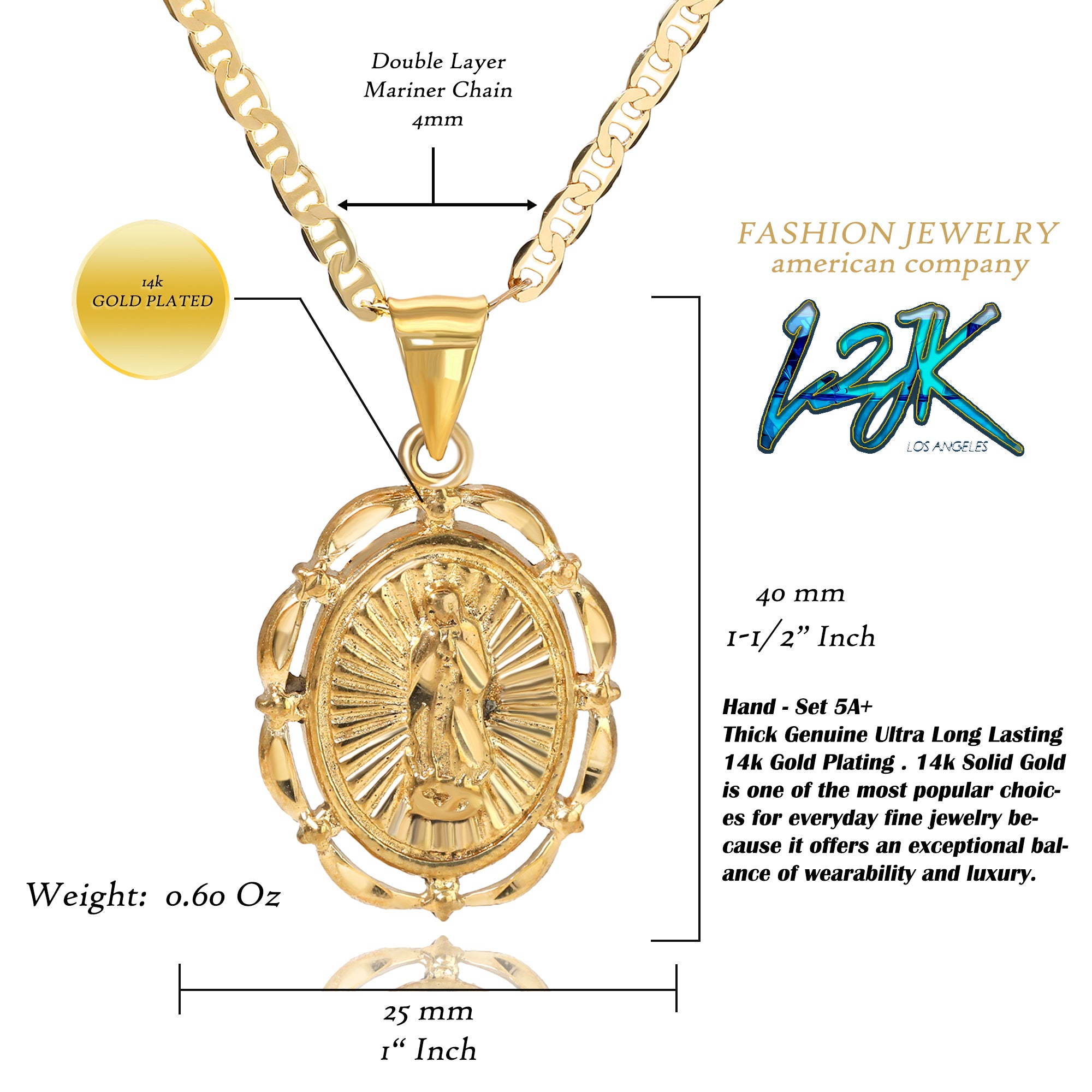 Hollow Virgin Mary Pendant Mariner Chain 20" Gold Plated