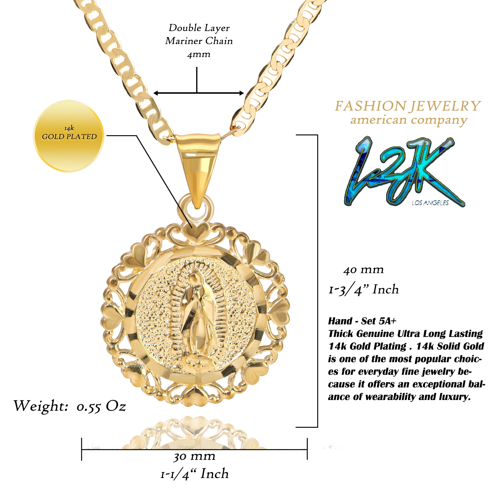 Round Virgin Heart Pendant Mariner Chain 20" Gold Plated
