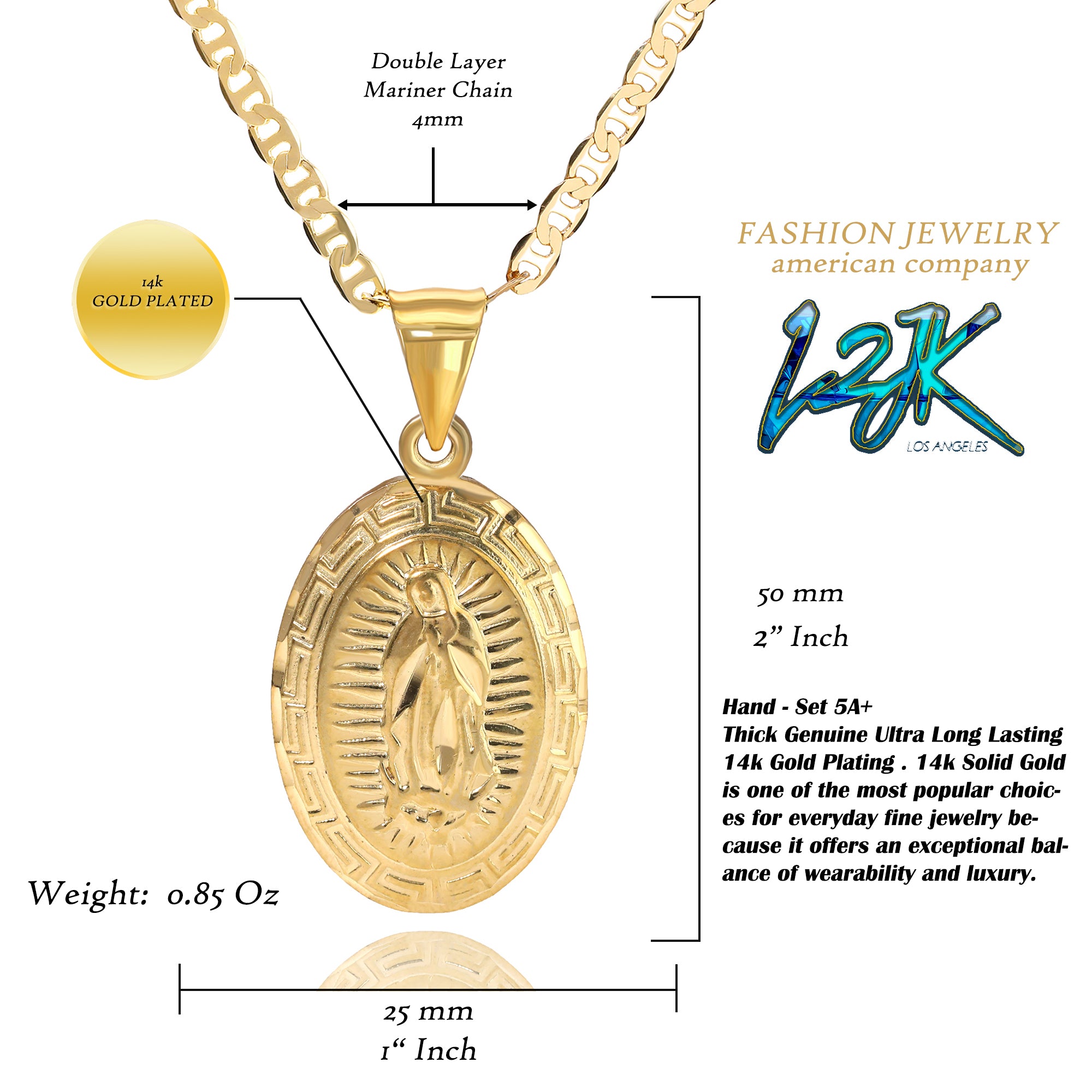 Oval Virgin Mary Pendant Mariner Chain 20" Gold Plated 1