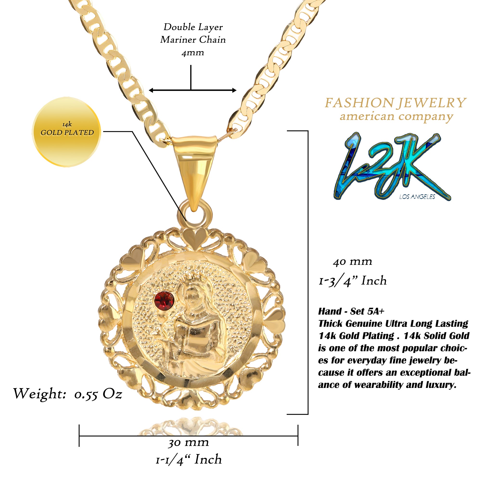 Santa Barbara Pendant Red Stone Mariner Chain 20" Gold Plated