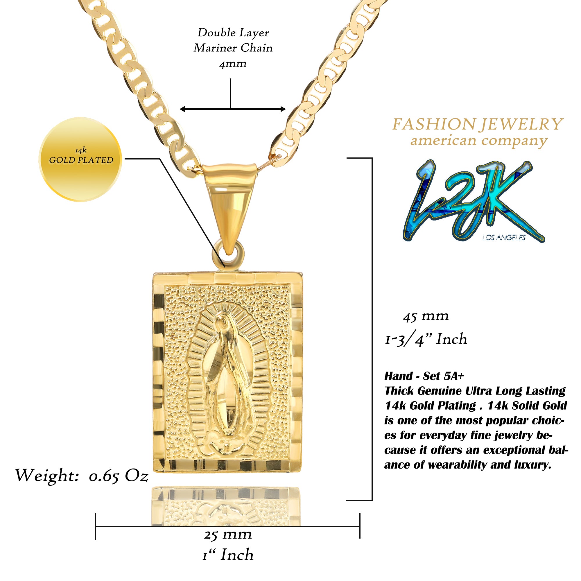 Square Virgin Pendant Mariner Chain 20" Gold Plated 001