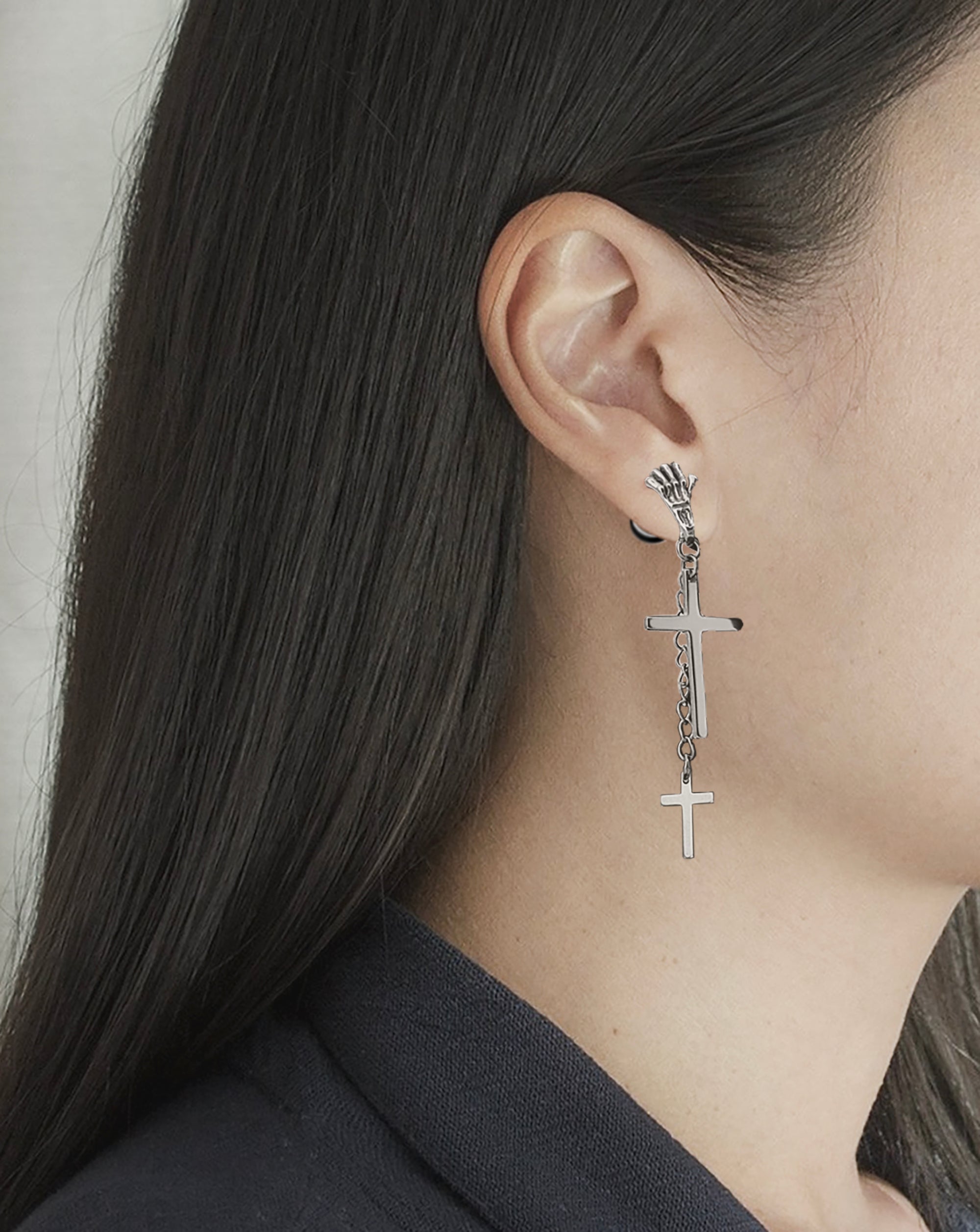 2 Cross Dangle Skeleton Hand White Gold SST Plain Earring