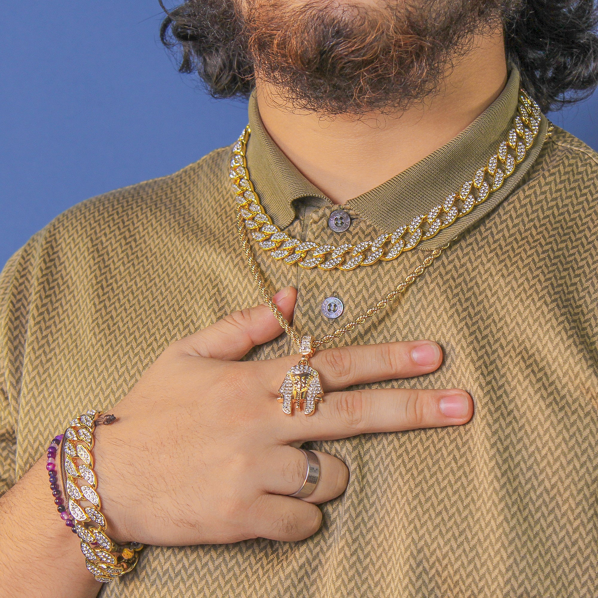 Small Cz Pharaoh Pendant 4mm 24" Rope Chain 18k Gold Plated