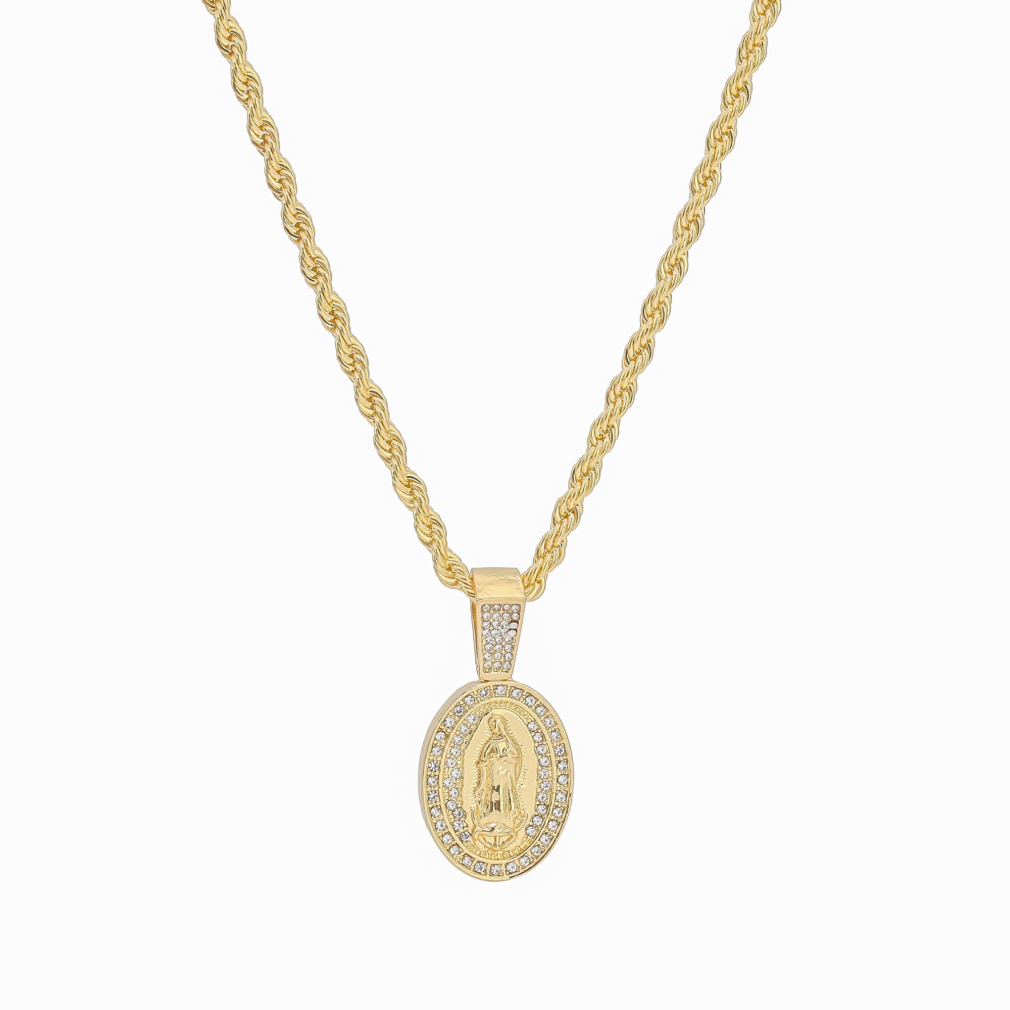 Small Iced Guadalupe Oval Pendant Rope Chain Men's Hip Hop 18k Cz Jewelry Necklace Choker