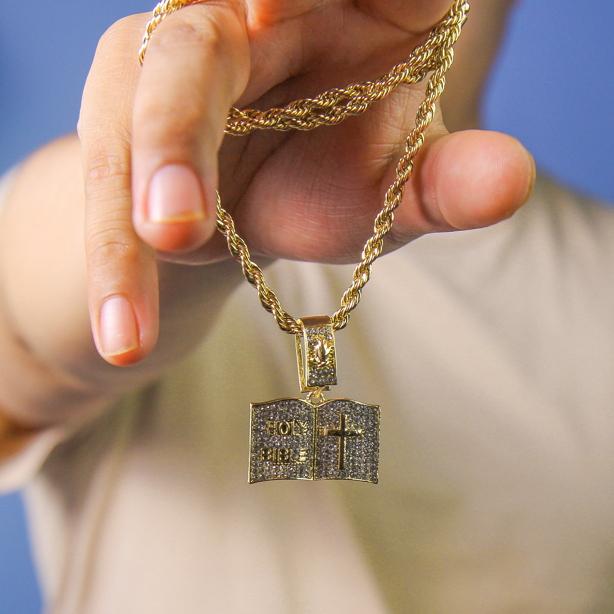 Small Holy Bible Pendant Rope Chain Men's Hip Hop 18k Cz Jewelry Necklace Choker