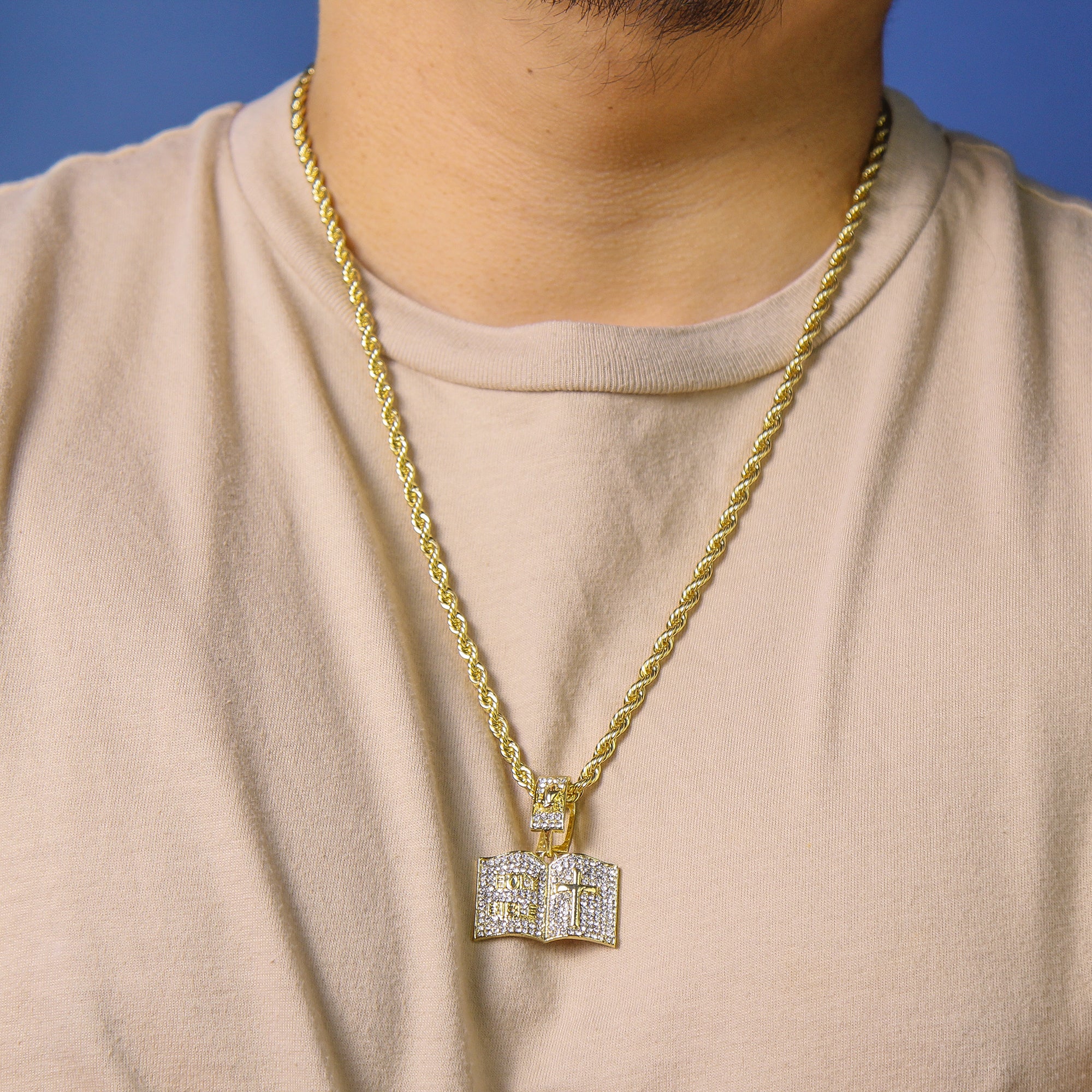 Small Holy Bible Pendant Rope Chain Men's Hip Hop 18k Cz Jewelry Necklace Choker