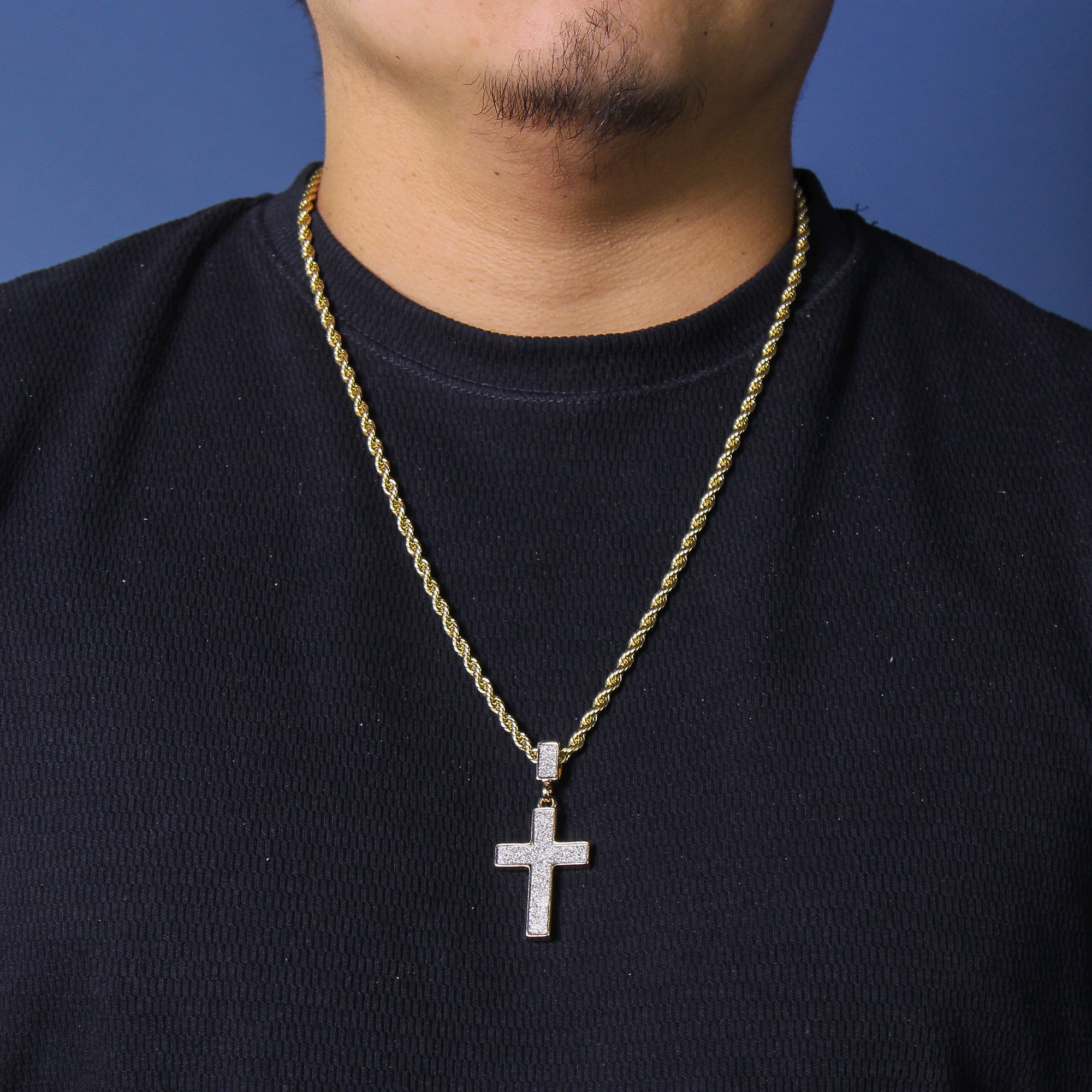 Stardust Cross Pendant 24" Rope Chain Men's Hip Hop Style 18k Jewelry Necklace