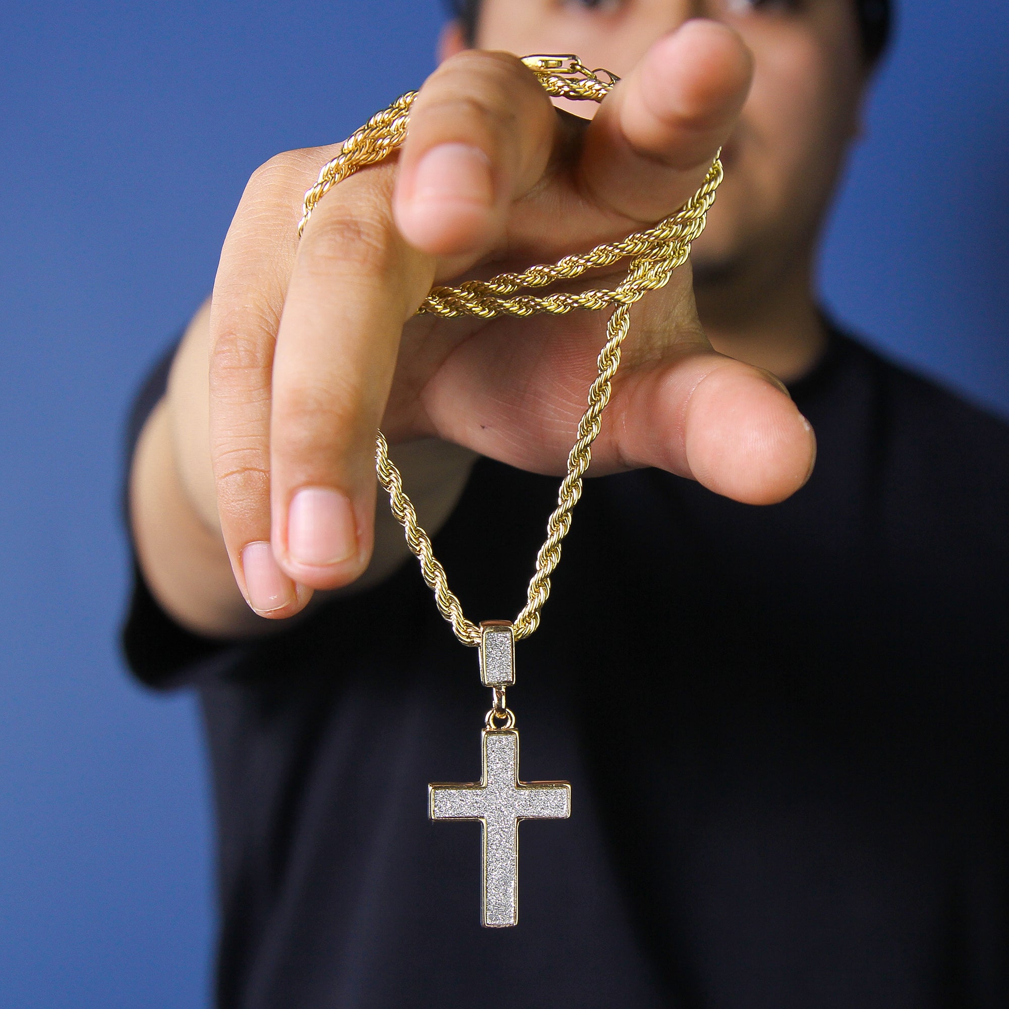 Stardust Cross Pendant 24" Rope Chain Men's Hip Hop Style 18k Jewelry Necklace