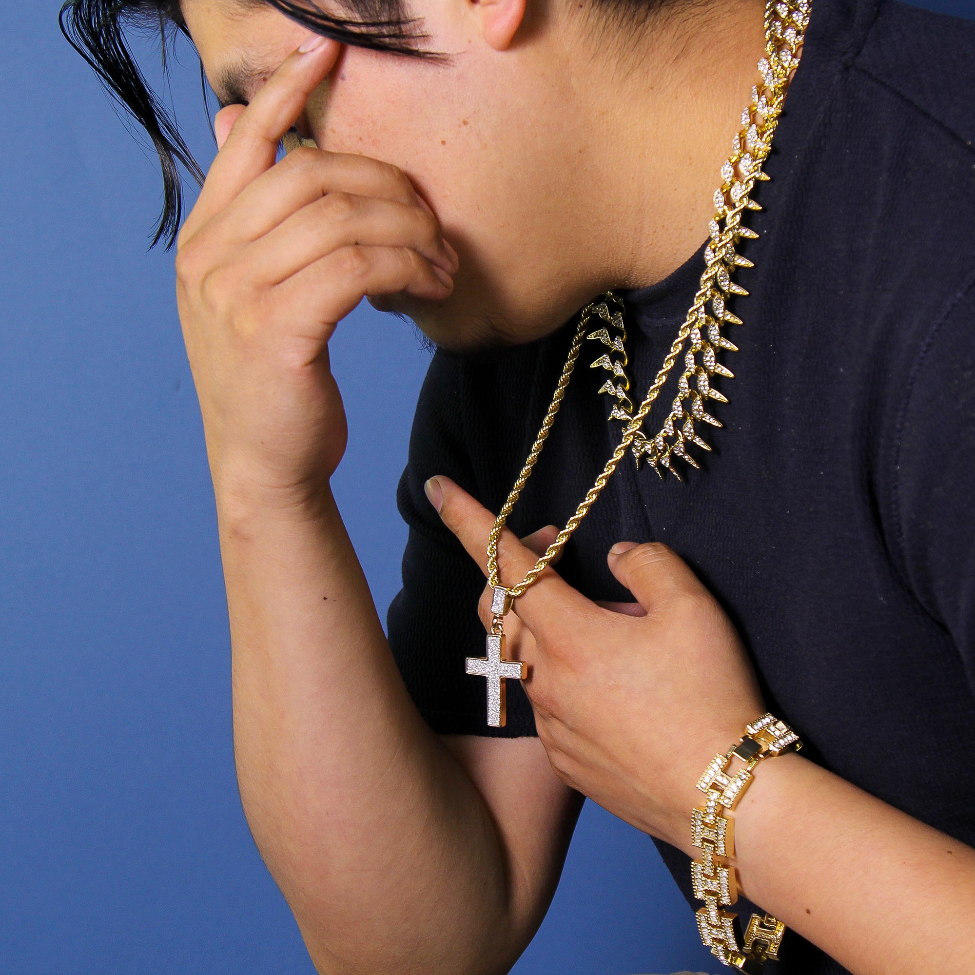 Stardust Cross Pendant 24" Rope Chain Men's Hip Hop Style 18k Jewelry Necklace