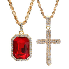 Gold Plated Red Stone & Thin Sharp Cross Pendant Cubic-Zirconia Rope Chain