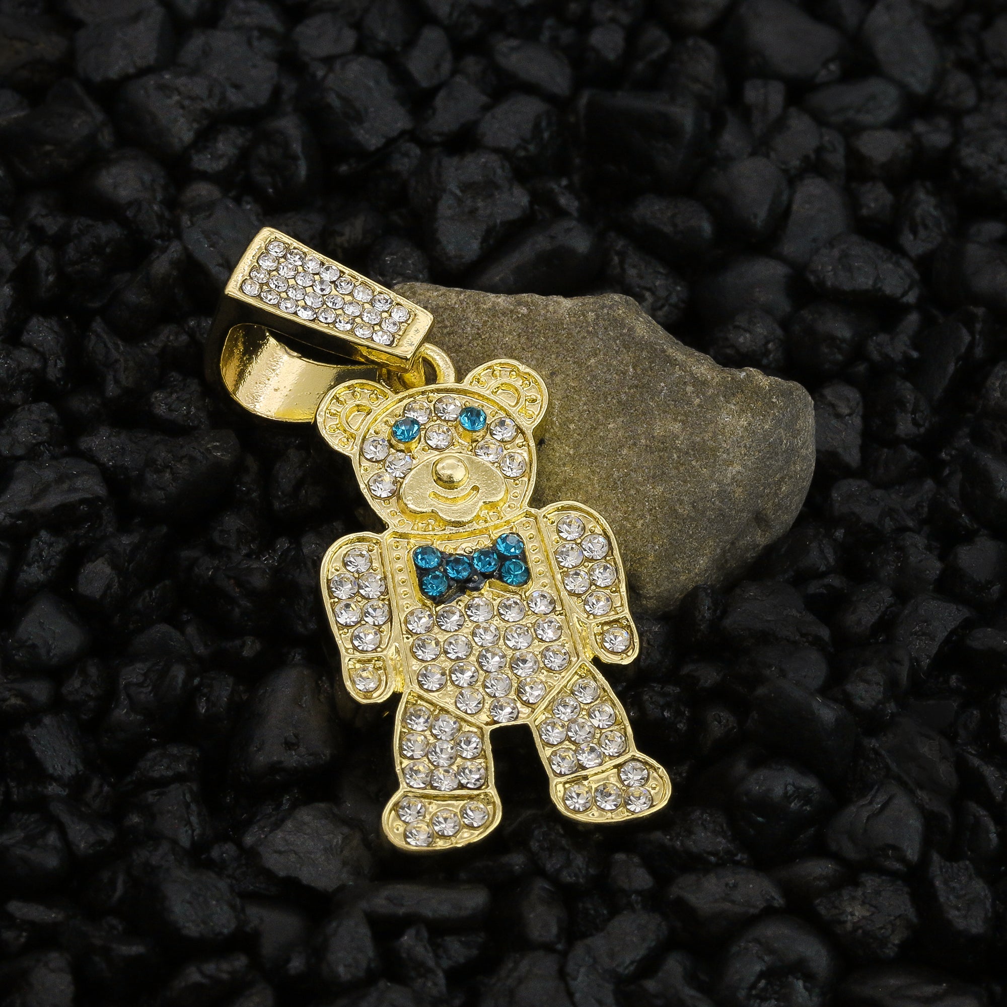 Blue Bowtie Bear Pendant Rope Necklace Chain Men's Hip Hop 18k Cz Jewelry