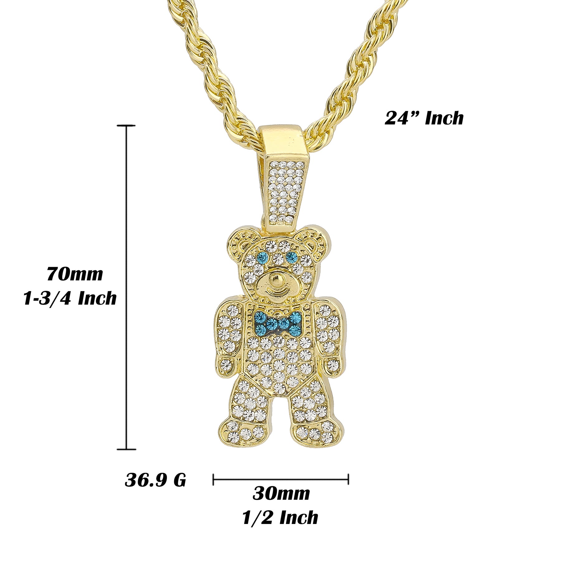 Blue Bowtie Bear Pendant Rope Necklace Chain Men's Hip Hop 18k Cz Jewelry