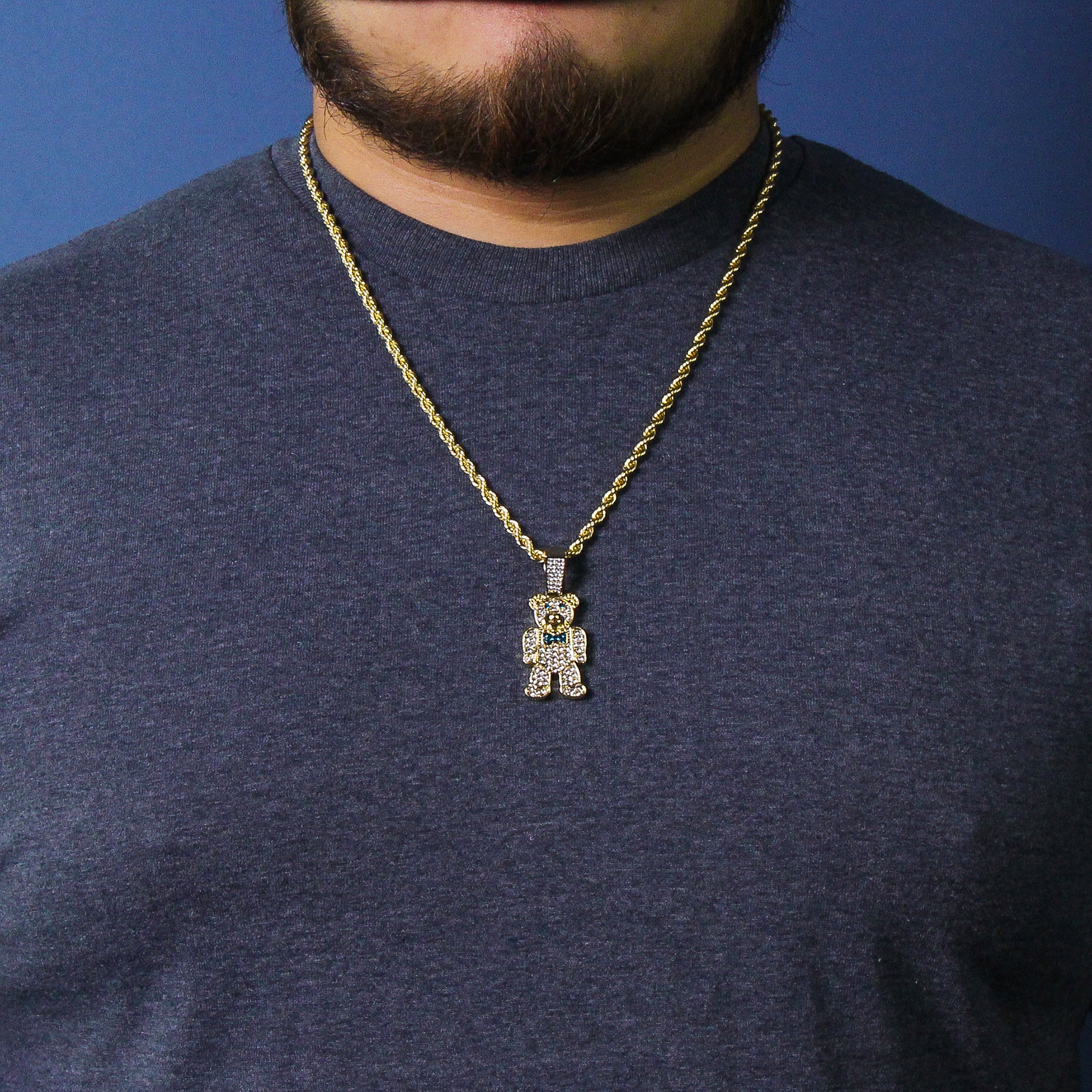 Blue Bowtie Bear Pendant Rope Necklace Chain Men's Hip Hop 18k Cz Jewelry