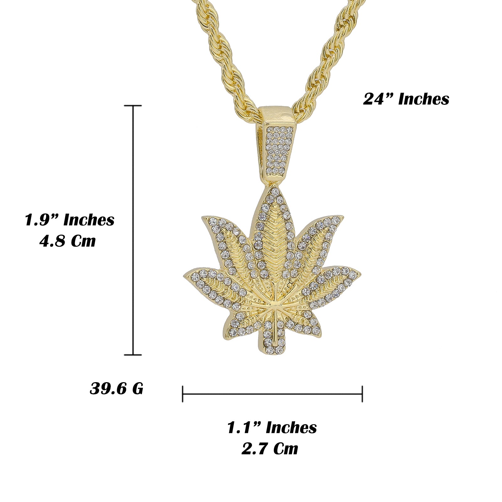 Cz Border Weed Leaf Pendant 24" Rope Chain Men's 18k Gold Plated Jewelry