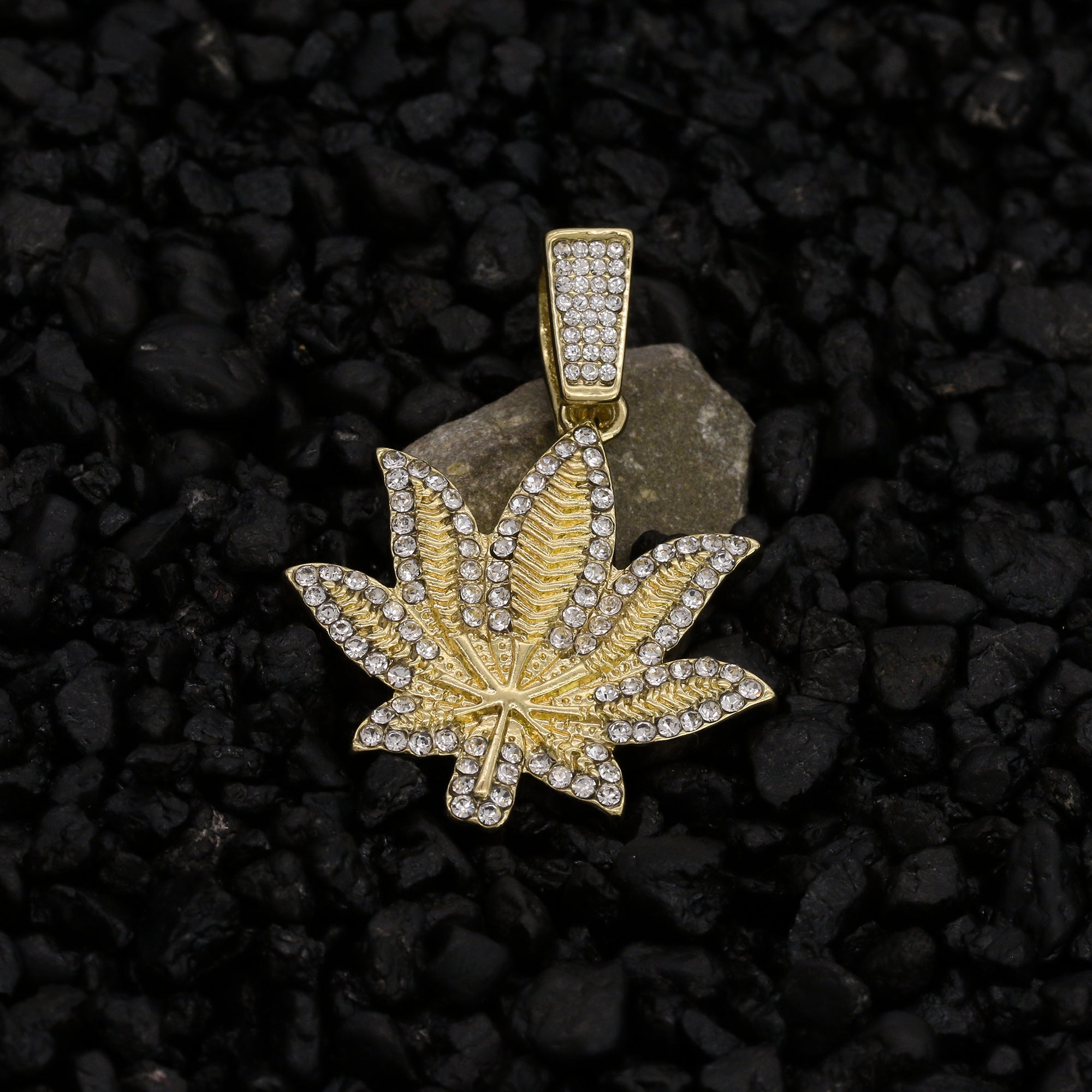 Cz Border Weed Leaf Pendant 24" Rope Chain Men's 18k Gold Plated Jewelry