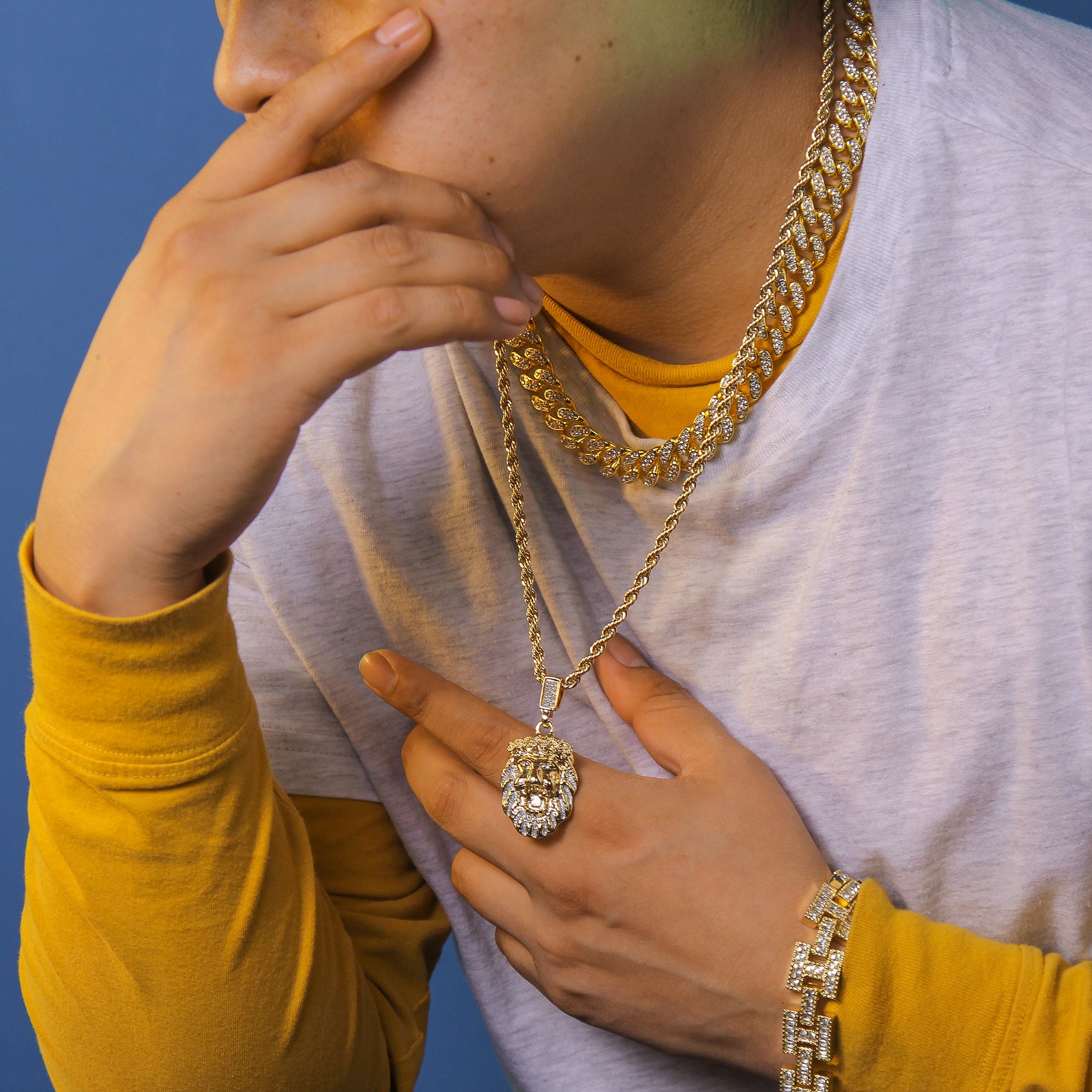 Thorn Crown Lion Pendant 4mm 24" Rope Chain 18k Gold Plated
