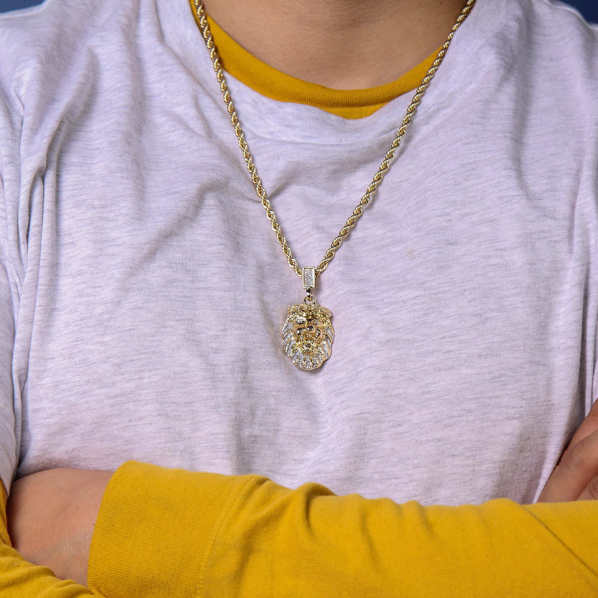 Thorn Crown Lion Pendant 4mm 24" Rope Chain 18k Gold Plated