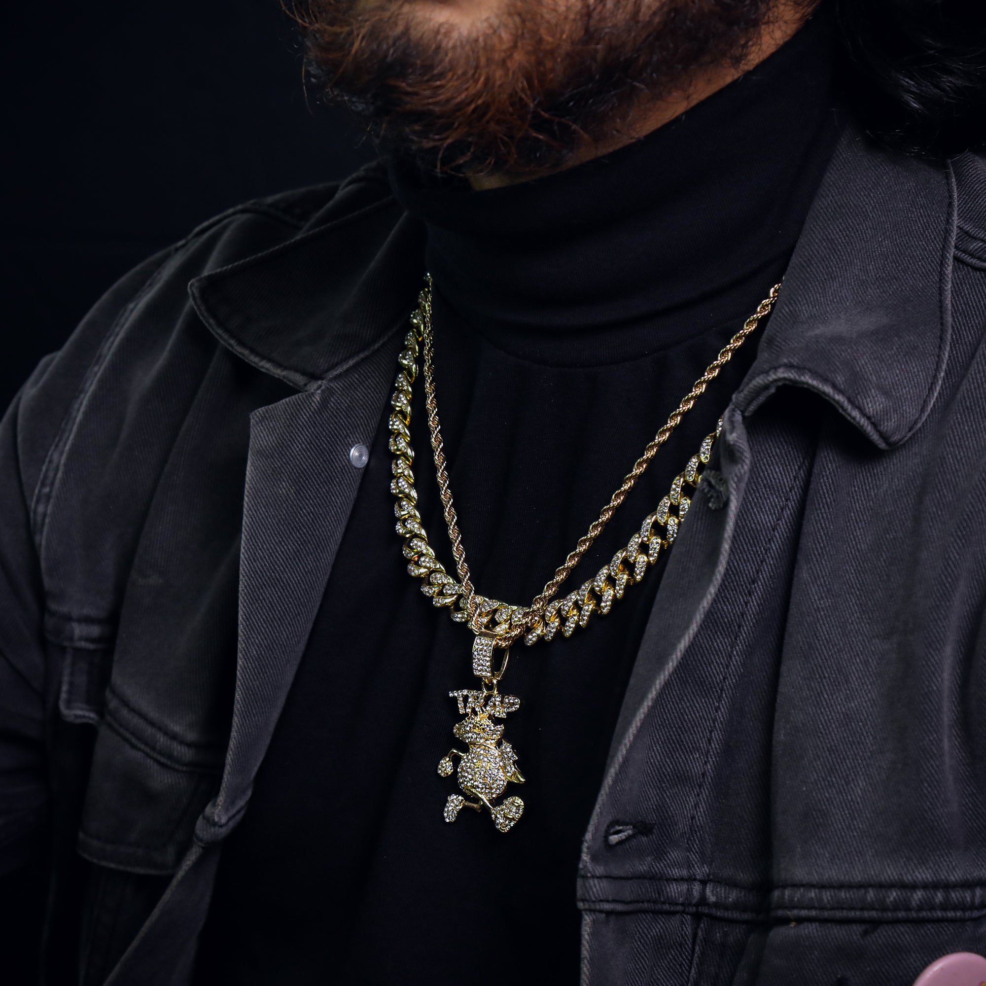 Trap Running Money Bag Pendant 24" Rope Chain Hip Hop Style 18k Gold Plated