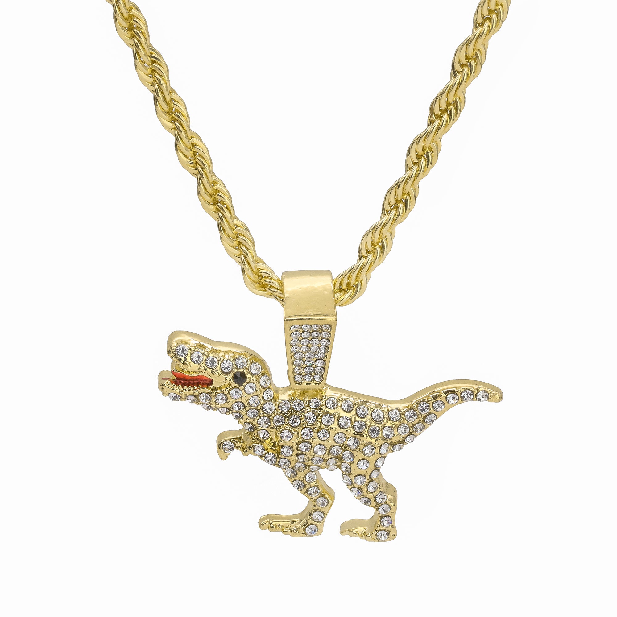T-Rex Flooded Pendant Rope Necklace Chain Men's Gold Hip Hop 18k Cz Jewelry