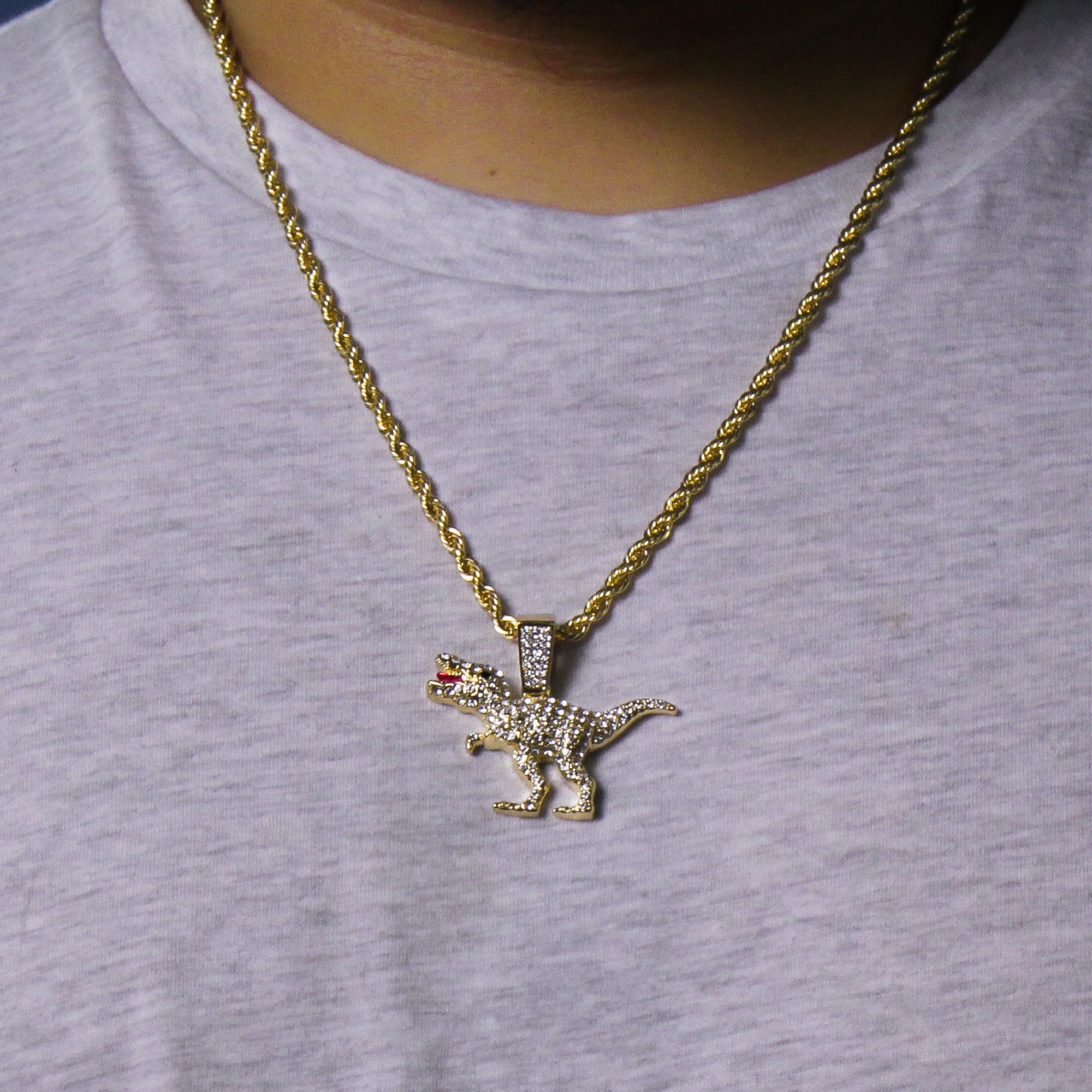 T-Rex Flooded Pendant Rope Necklace Chain Men's Gold Hip Hop 18k Cz Jewelry