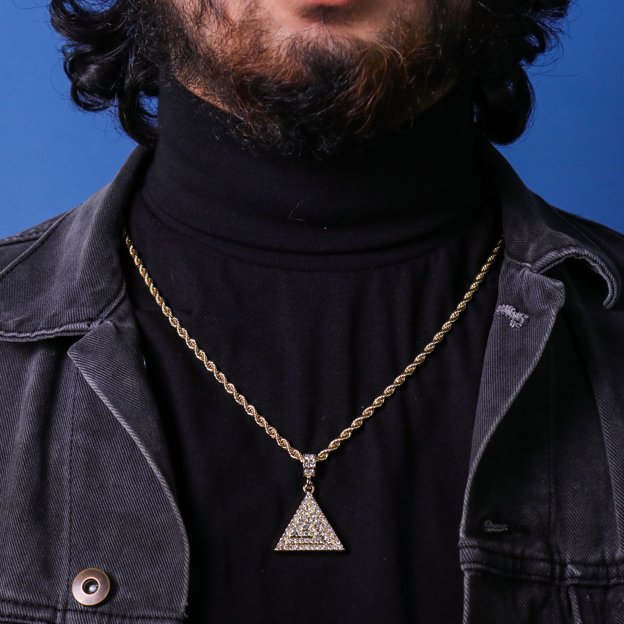 Triangle Pattern Pyramid Pendant 24" Rope Chain Hip Hop 18k Jewelry