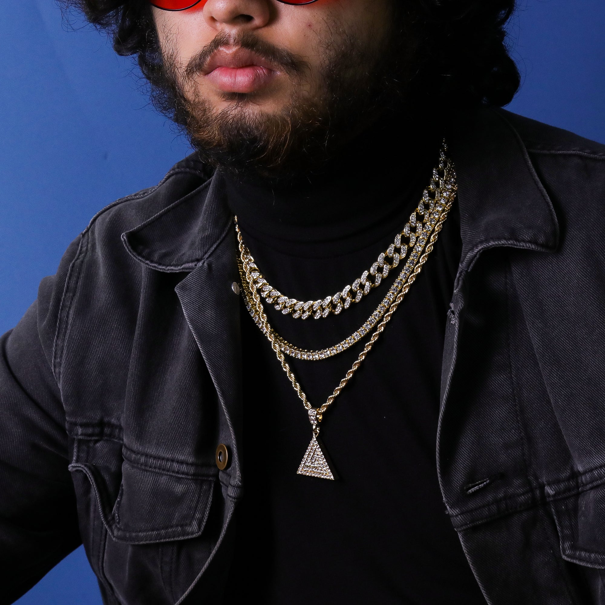 Triangle Pattern Pyramid Pendant 24" Rope Chain Hip Hop 18k Jewelry