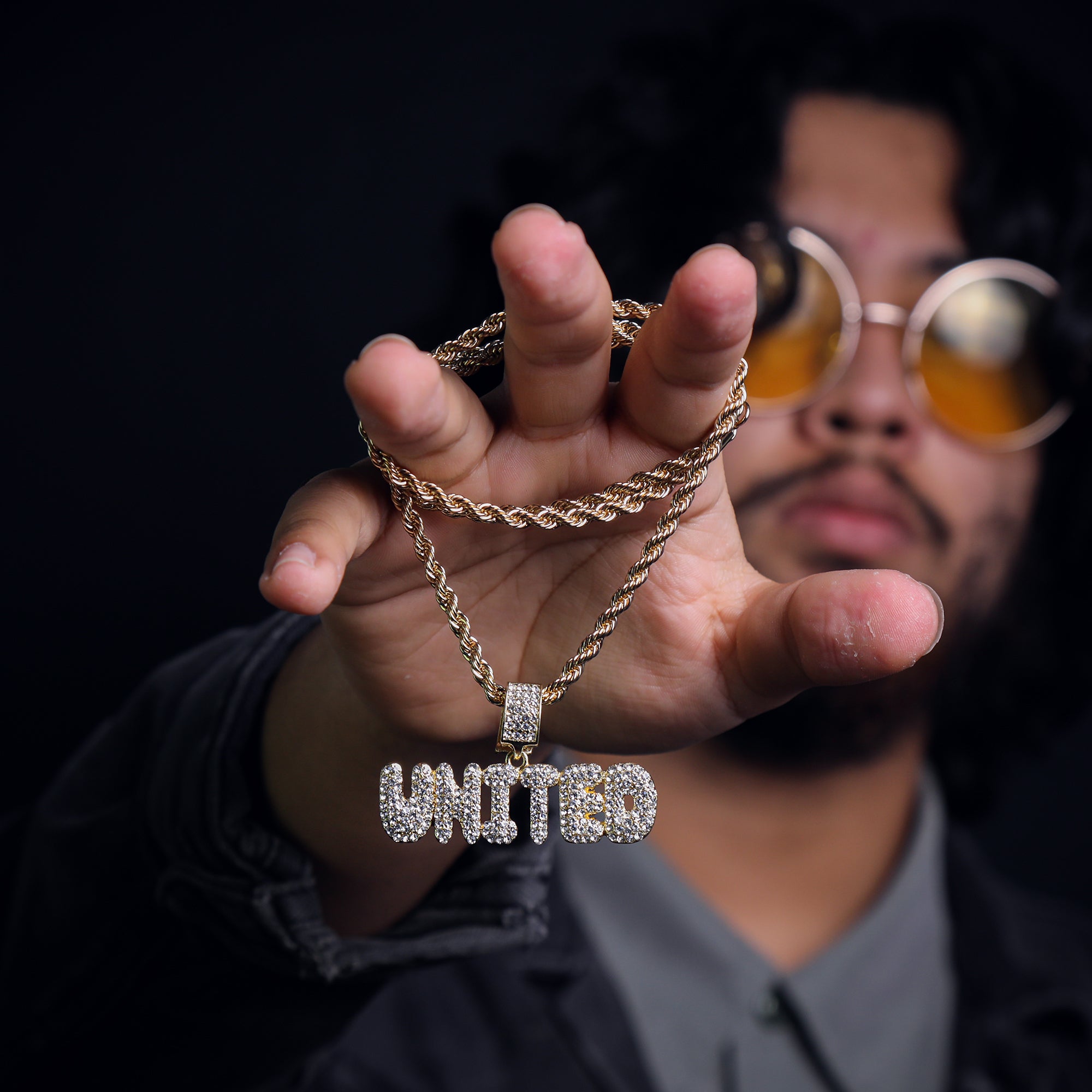 United Word Pendant 24" Rope Chain Hip Hop Style 18k Gold Plated