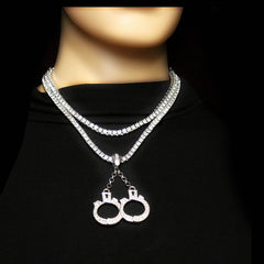 White GOLD TENNIS CHAIN 18" 20"  Hand Cuff Pendant Bundle