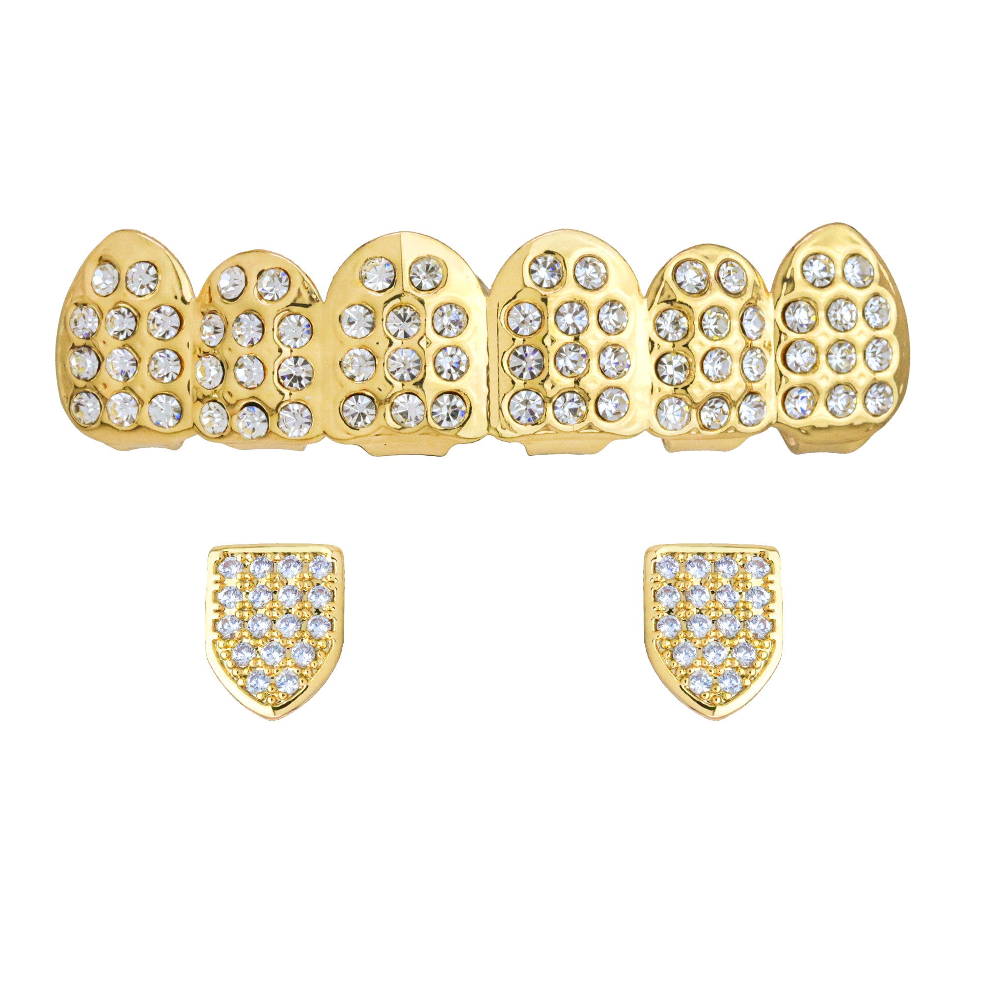 18k GOLD FULLY ICED TOP & SINGLE TOOTH BOTTOM GRILLZ AP