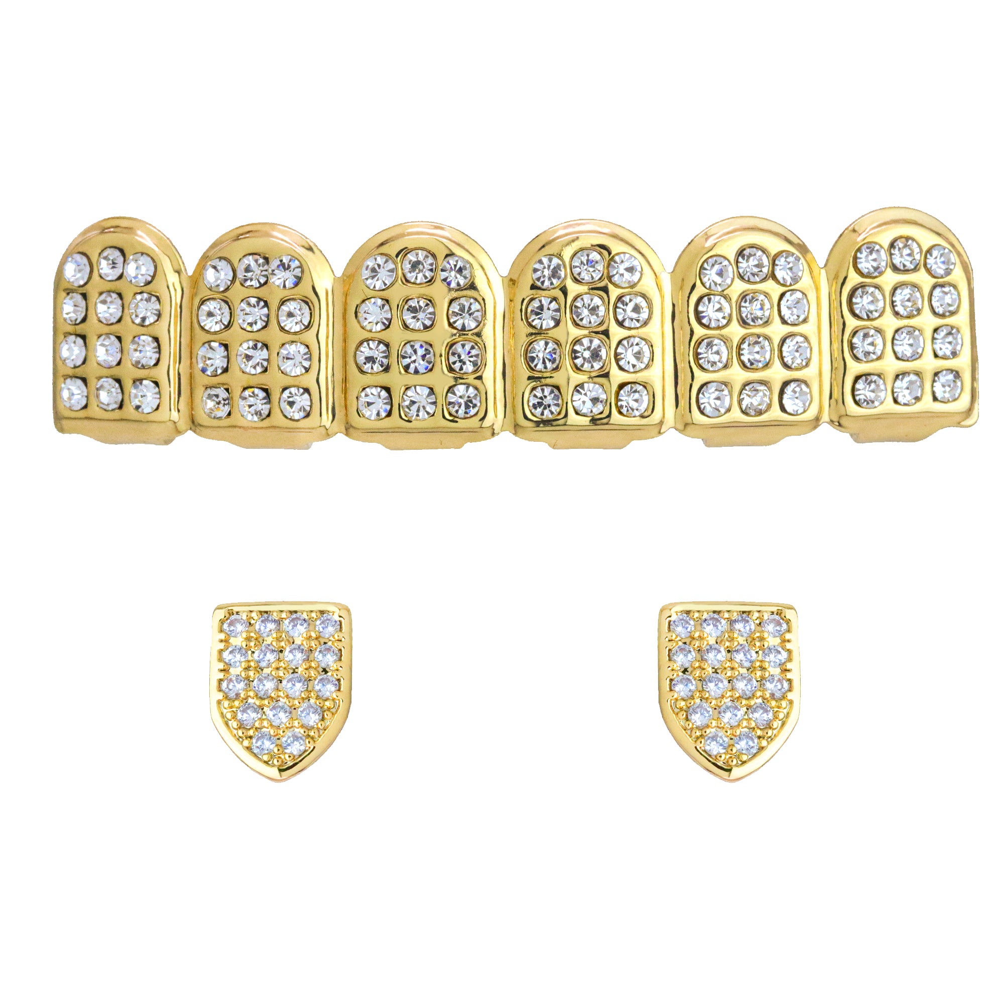 18k GOLD FULLY ICED TOP & SINGLE TOOTH BOTTOM GRILLZ AR